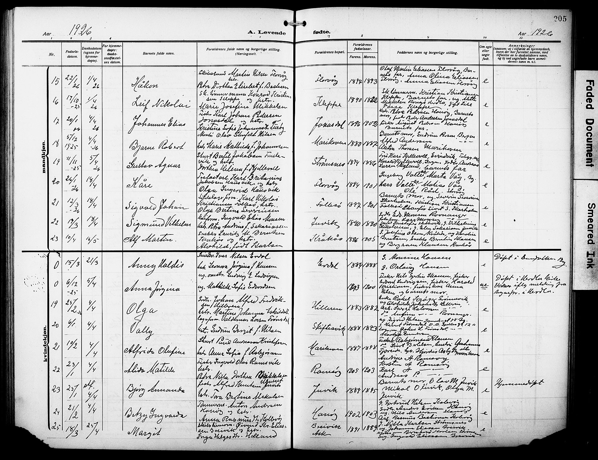 Askøy Sokneprestembete, AV/SAB-A-74101/H/Ha/Hab/Haba/L0011: Parish register (copy) no. A 11, 1908-1931, p. 205