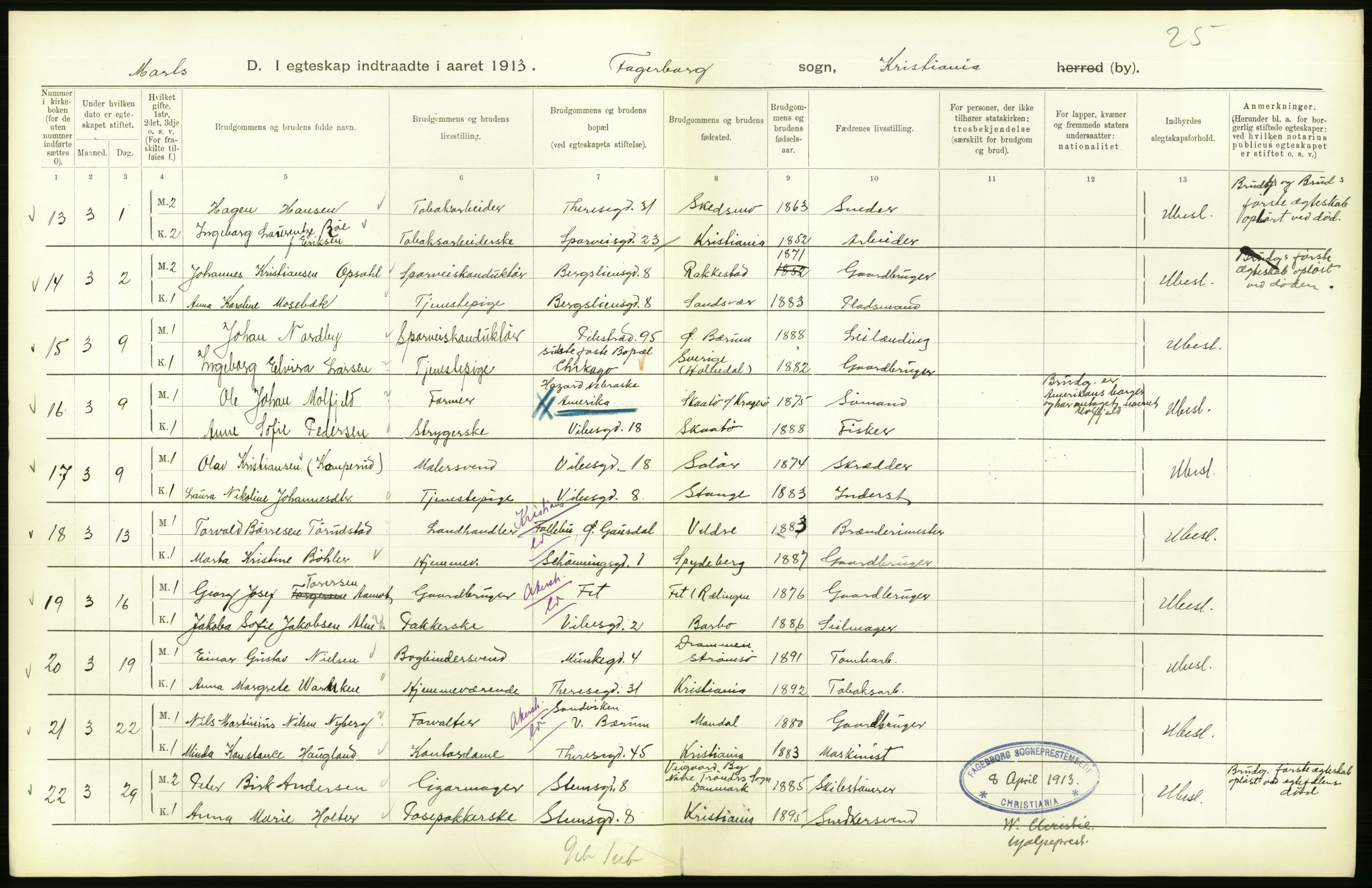 Statistisk sentralbyrå, Sosiodemografiske emner, Befolkning, RA/S-2228/D/Df/Dfb/Dfbc/L0008: Kristiania: Gifte., 1913, p. 534