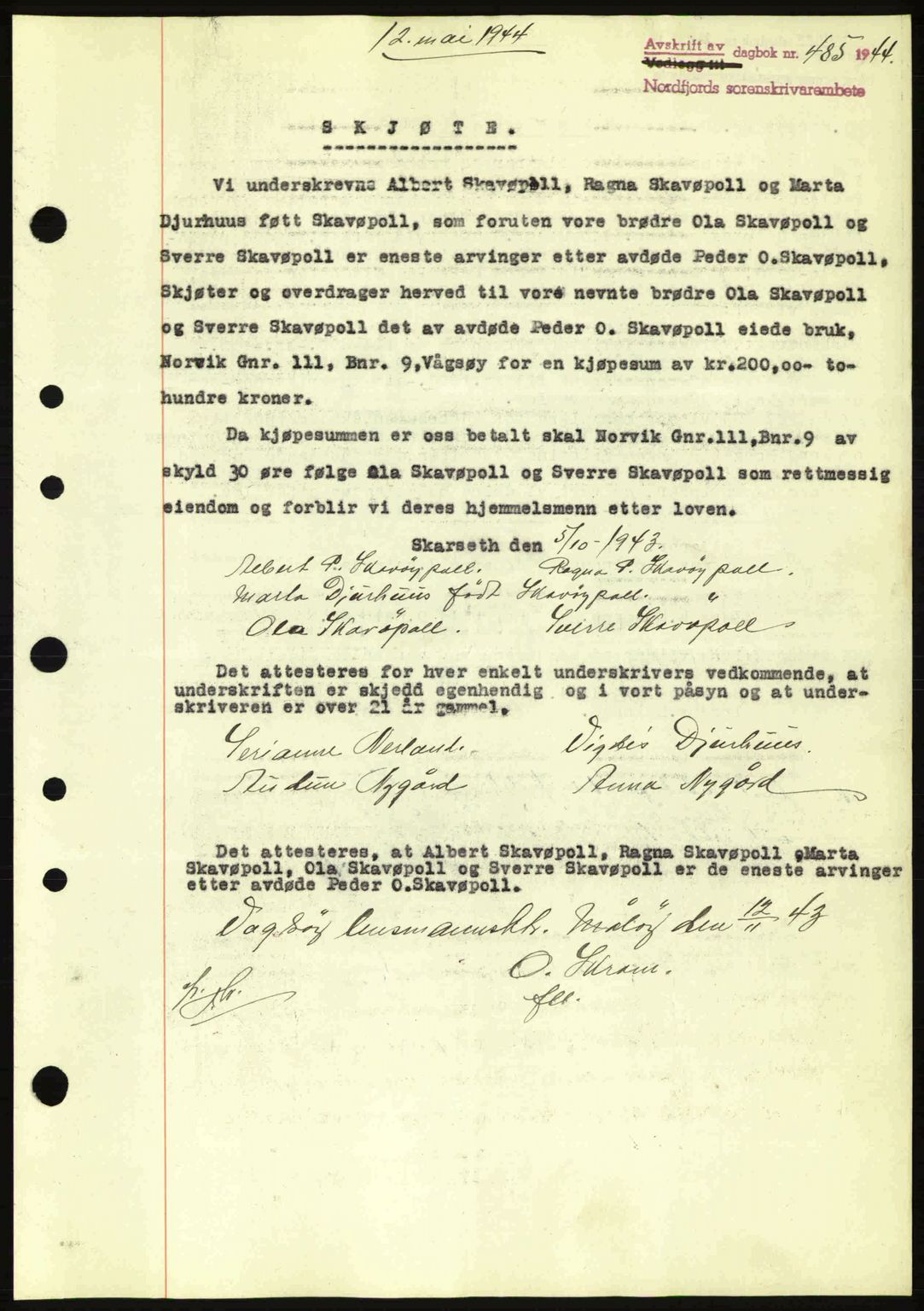 Nordfjord sorenskriveri, SAB/A-2801/02/02b/02bj/L0009a: Mortgage book no. A9 I, 1944-1944, Diary no: : 485/1944