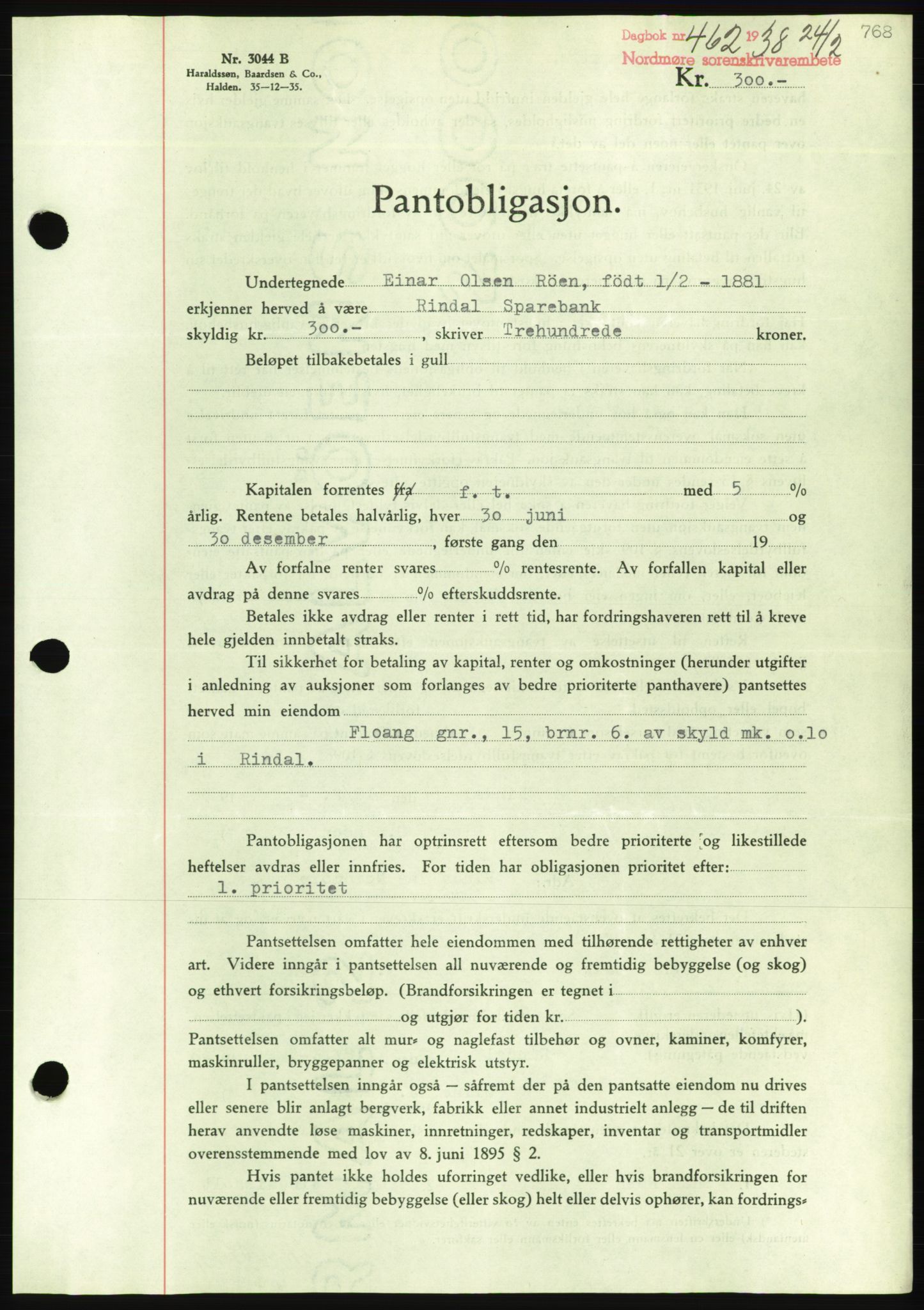 Nordmøre sorenskriveri, AV/SAT-A-4132/1/2/2Ca/L0092: Mortgage book no. B82, 1937-1938, Diary no: : 462/1938