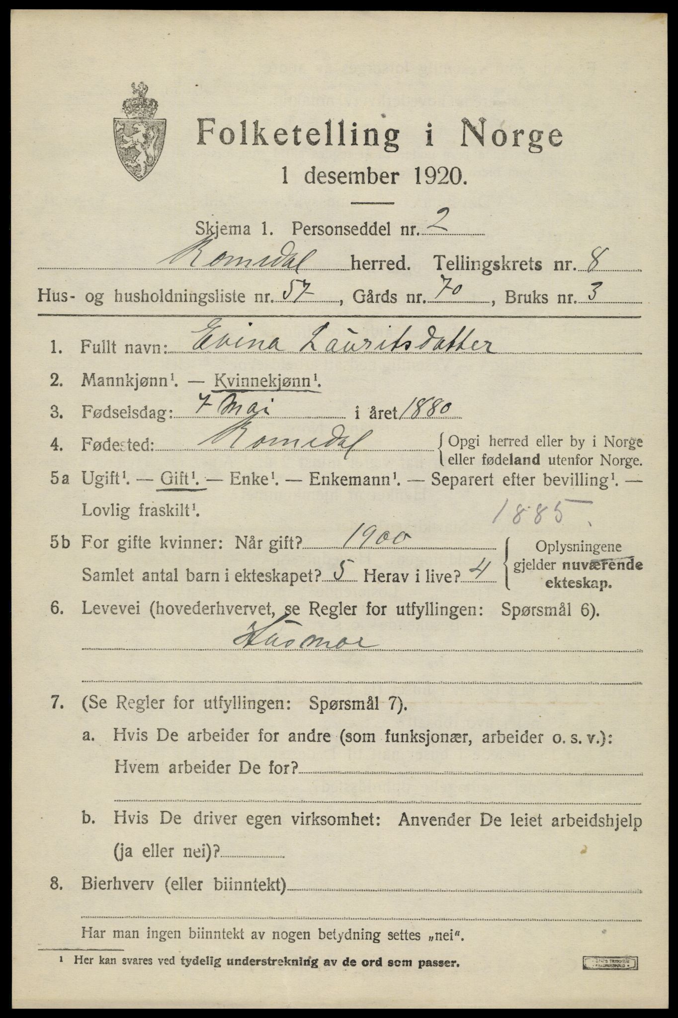 SAH, 1920 census for Romedal, 1920, p. 10343