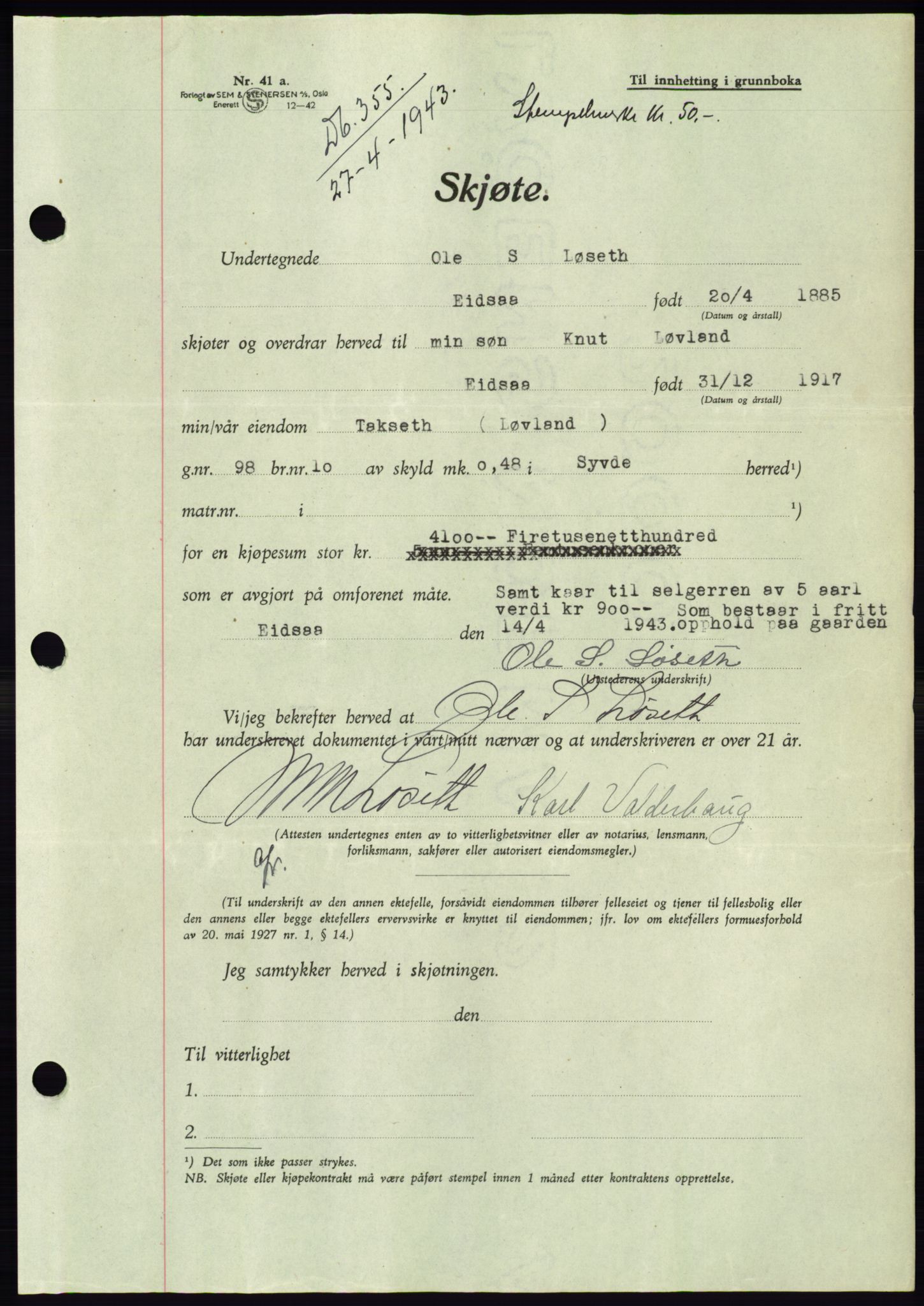 Søre Sunnmøre sorenskriveri, AV/SAT-A-4122/1/2/2C/L0075: Mortgage book no. 1A, 1943-1943, Diary no: : 355/1943