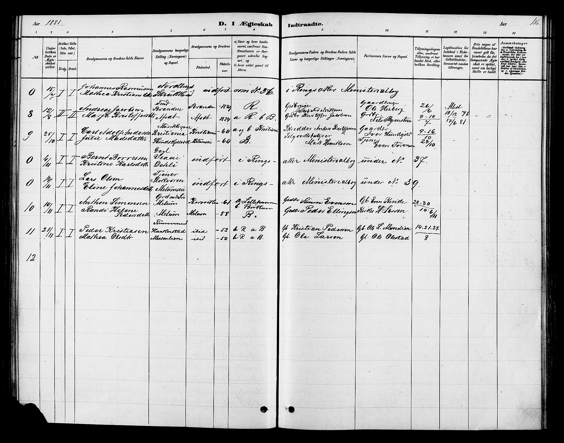 Ringsaker prestekontor, AV/SAH-PREST-014/K/Ka/L0013: Parish register (official) no. 13, 1879-1890, p. 136