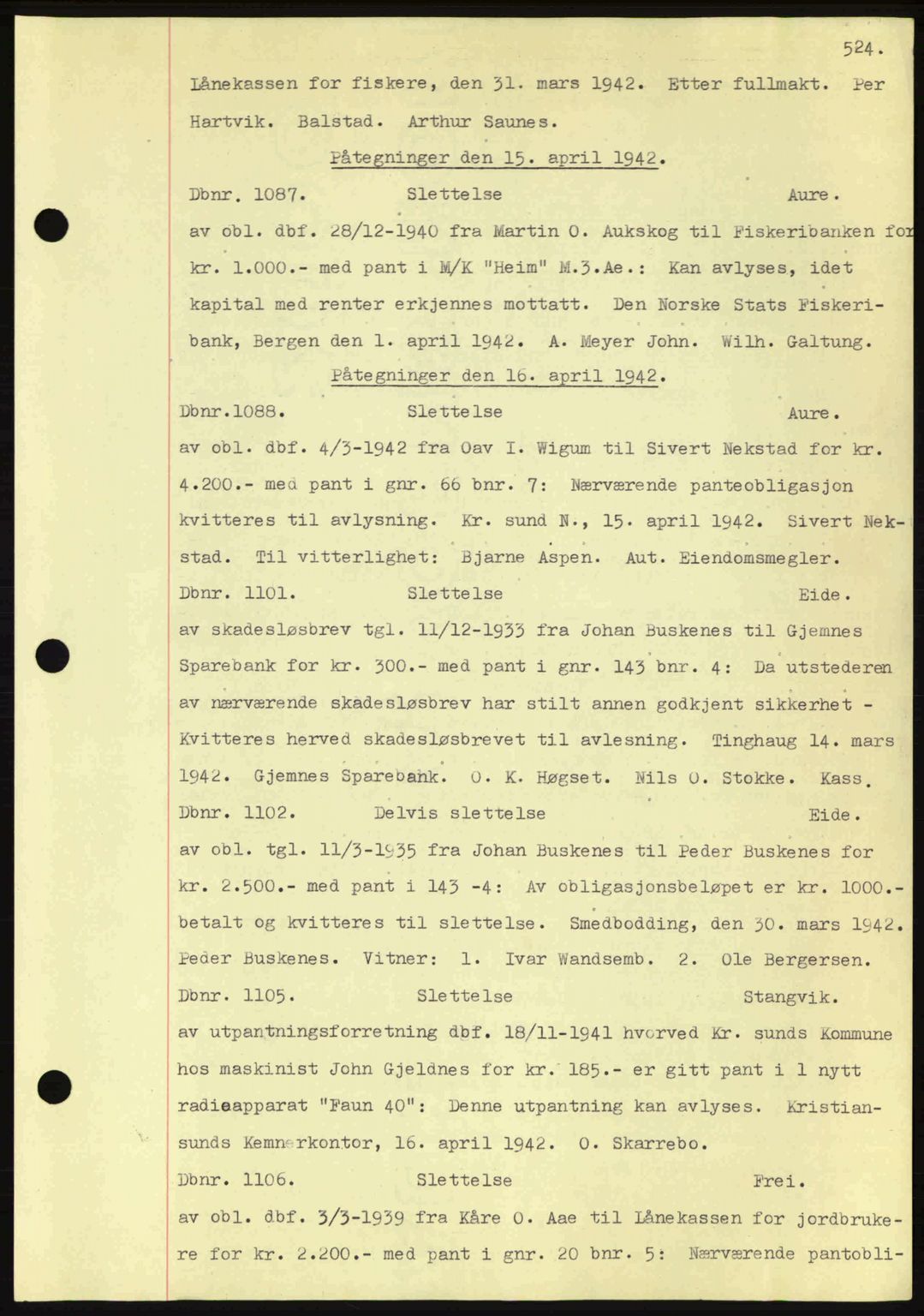 Nordmøre sorenskriveri, AV/SAT-A-4132/1/2/2Ca: Mortgage book no. C81, 1940-1945, Diary no: : 1087/1942