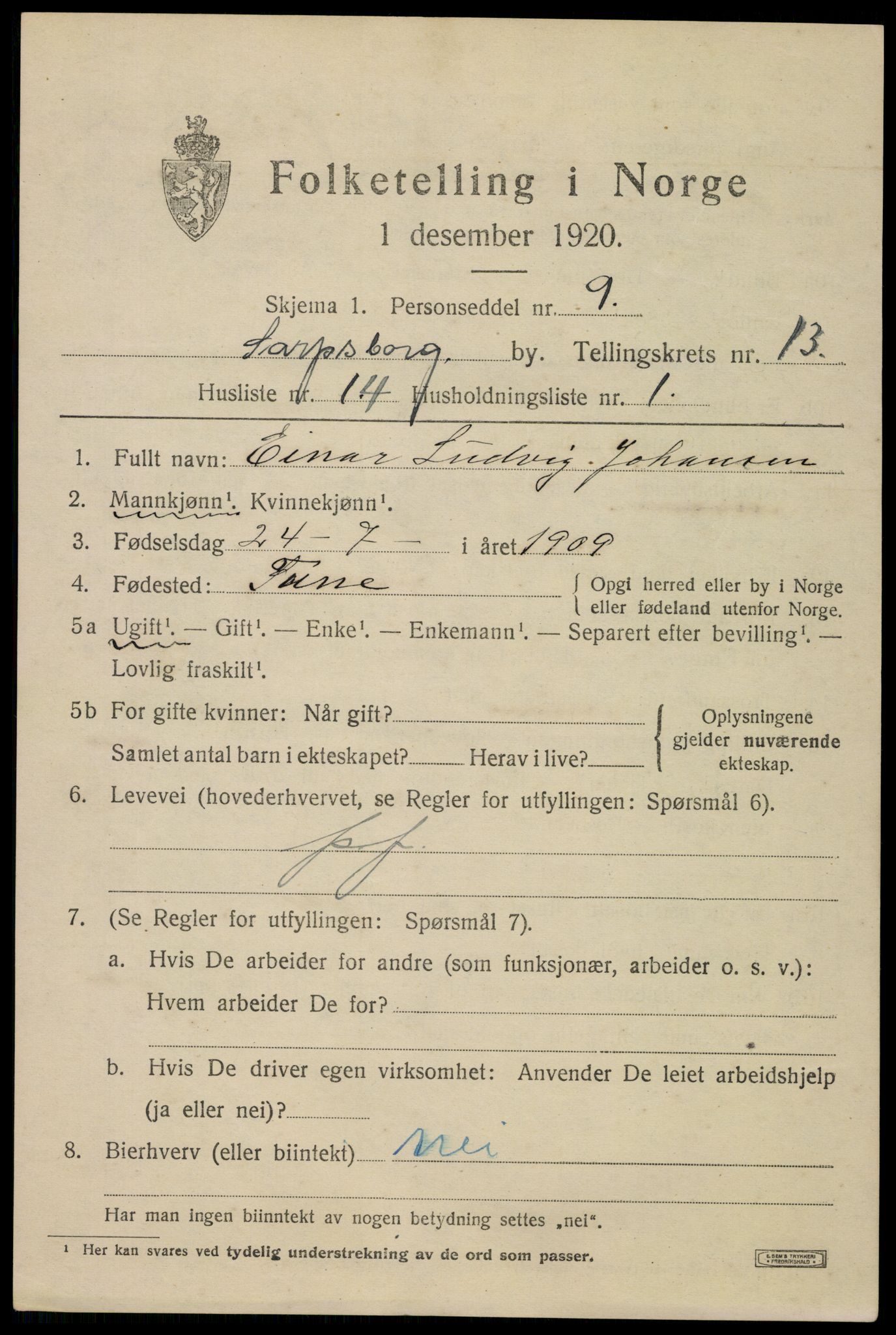 SAO, 1920 census for Sarpsborg, 1920, p. 28238