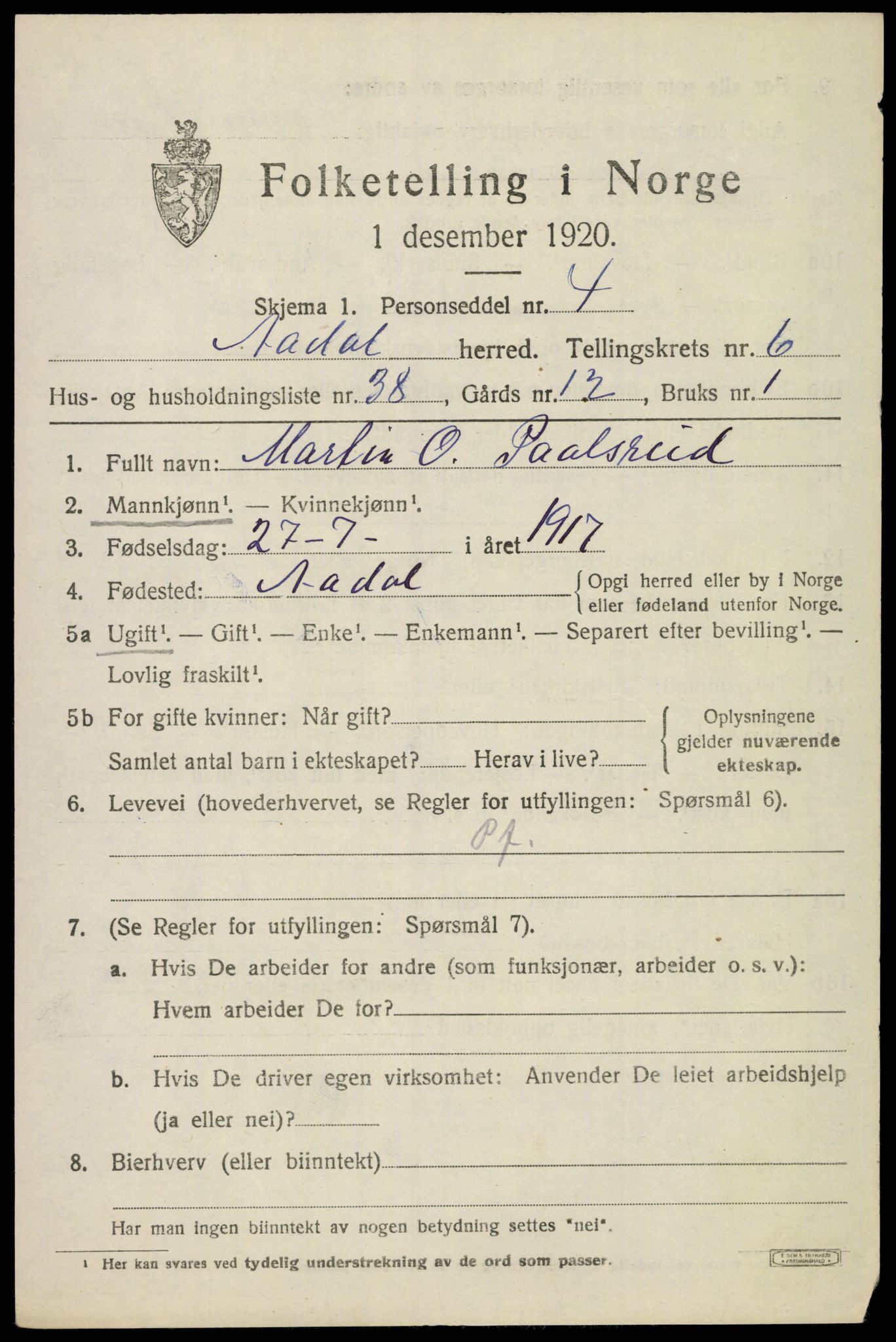 SAKO, 1920 census for Ådal, 1920, p. 4984