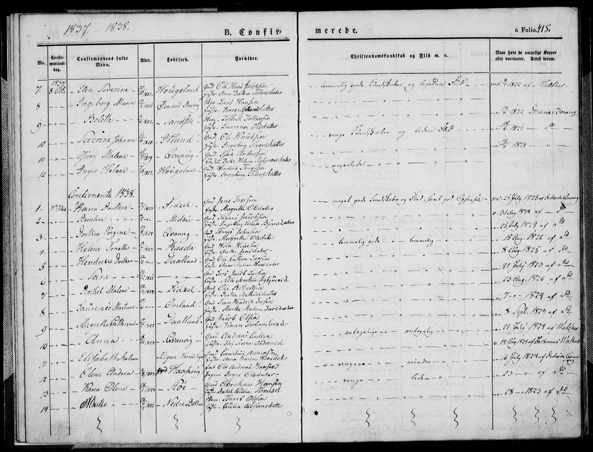 Flekkefjord sokneprestkontor, SAK/1111-0012/F/Fb/Fbb/L0002: Parish register (copy) no. B 2b, 1831-1866, p. 415
