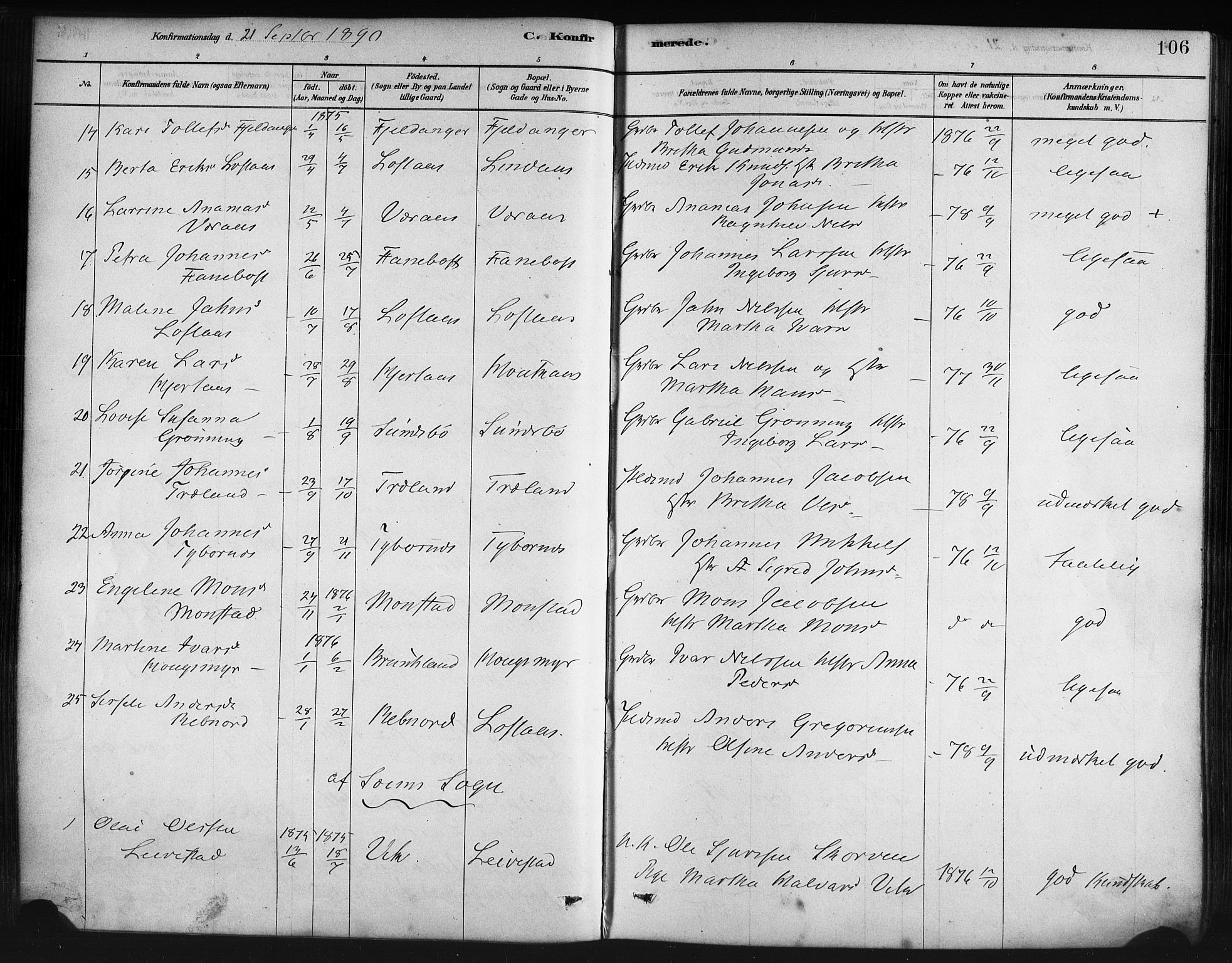 Lindås Sokneprestembete, AV/SAB-A-76701/H/Haa/Haaa/L0019: Parish register (official) no. A 19, 1878-1912, p. 106