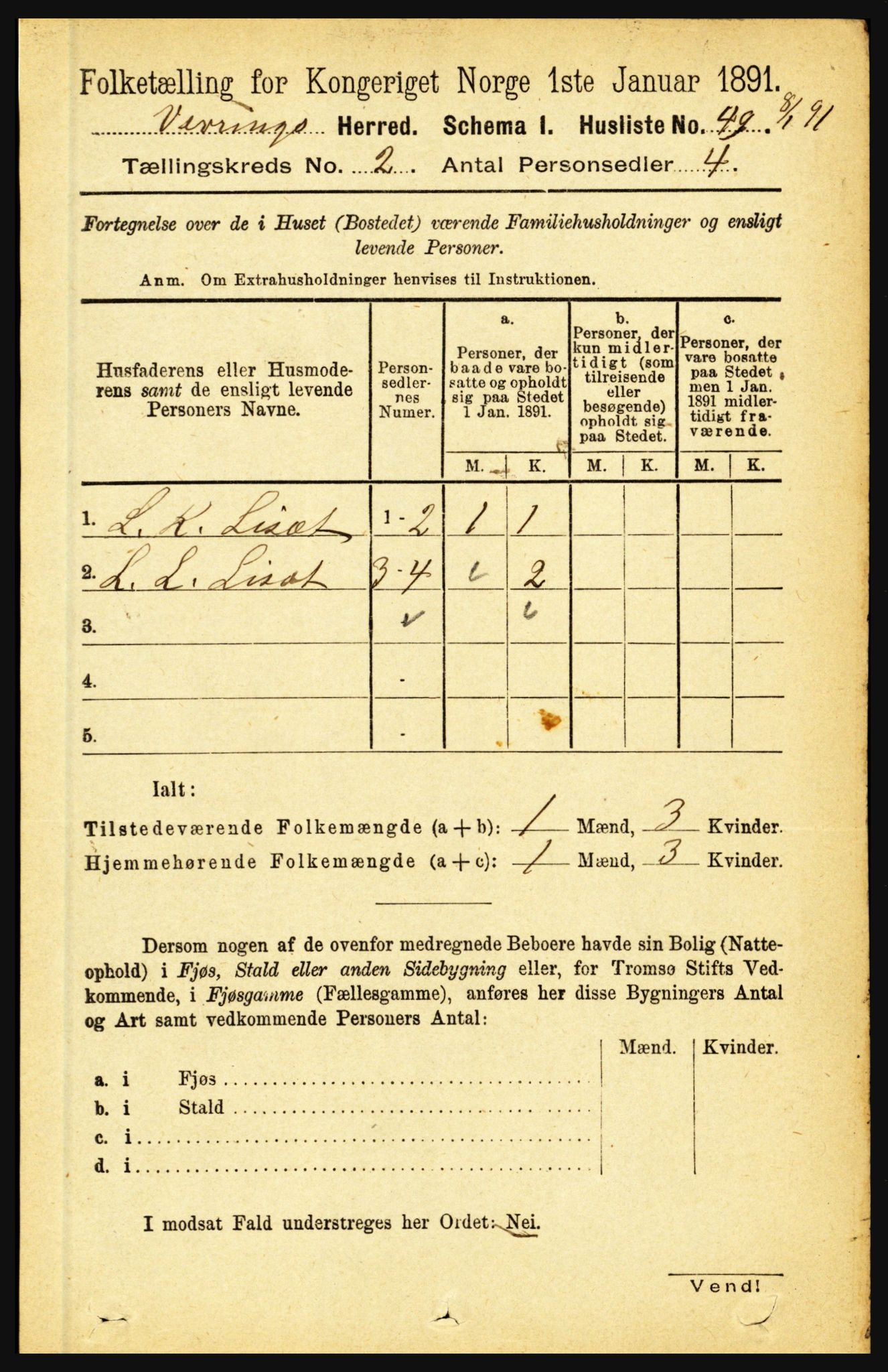 RA, 1891 census for 1434 Vevring, 1891, p. 419