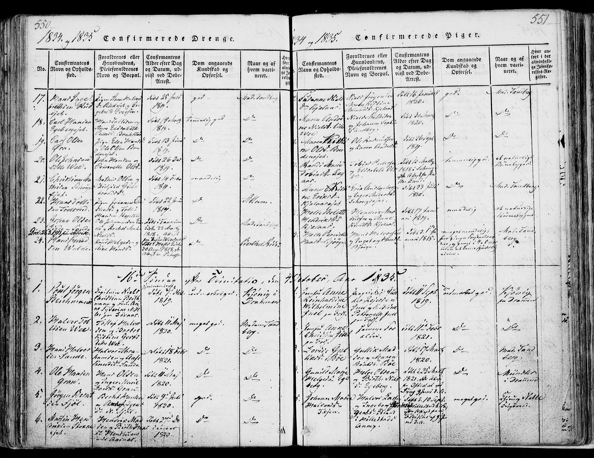 Sande Kirkebøker, SAKO/A-53/F/Fa/L0003: Parish register (official) no. 3, 1814-1847, p. 550-551