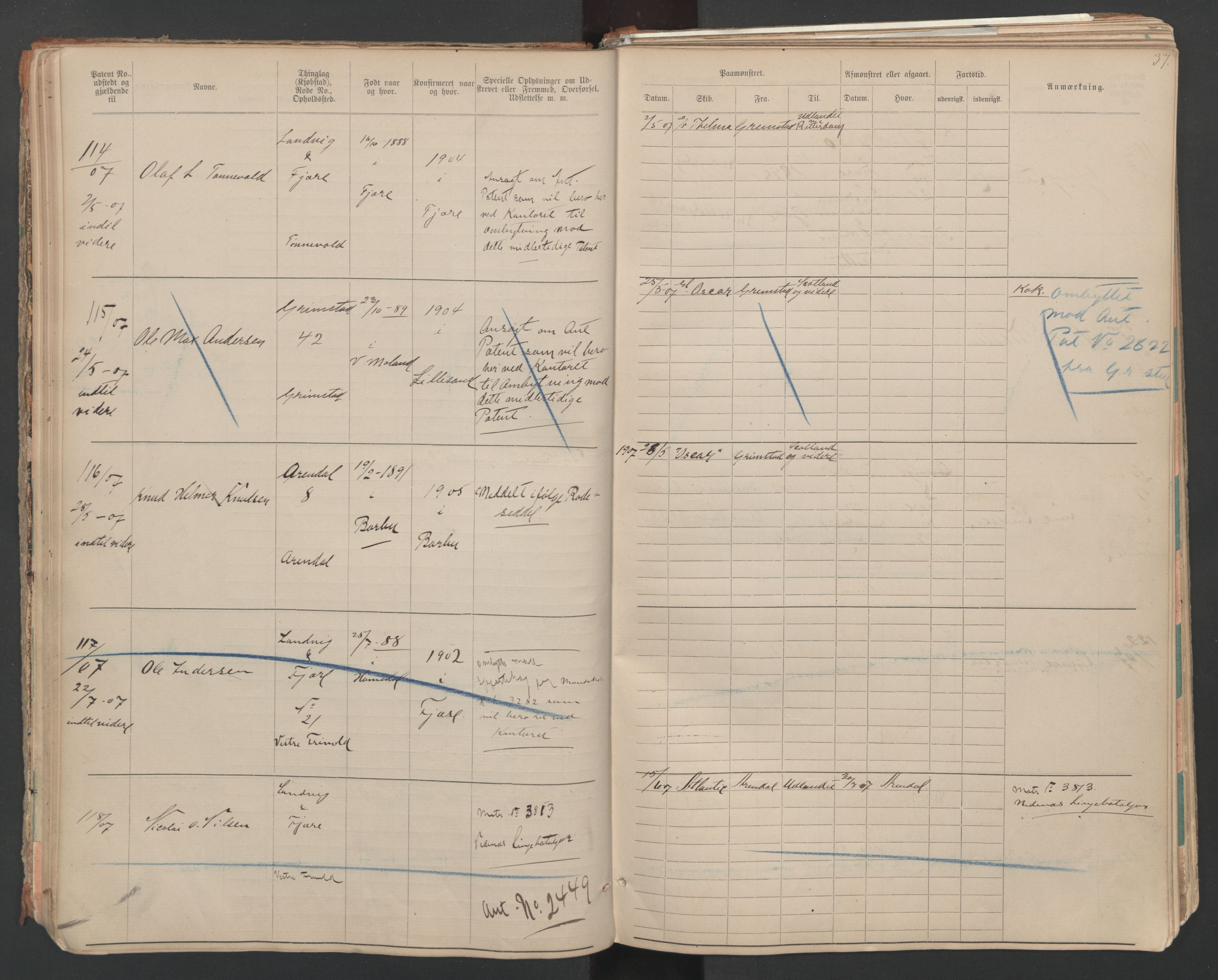 Grimstad mønstringskrets, AV/SAK-2031-0013/F/Fa/L0007: Annotasjonsrulle nr 1-265 og hovedrulle B nr 1-160, V-20, 1894-1949, p. 37