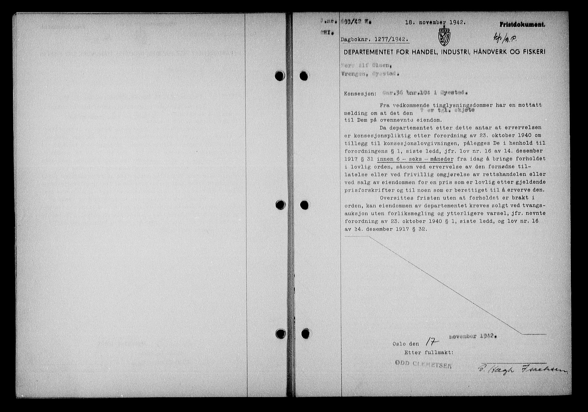 Nedenes sorenskriveri, SAK/1221-0006/G/Gb/Gba/L0050: Mortgage book no. A-IV, 1942-1943, Diary no: : 1277/1942
