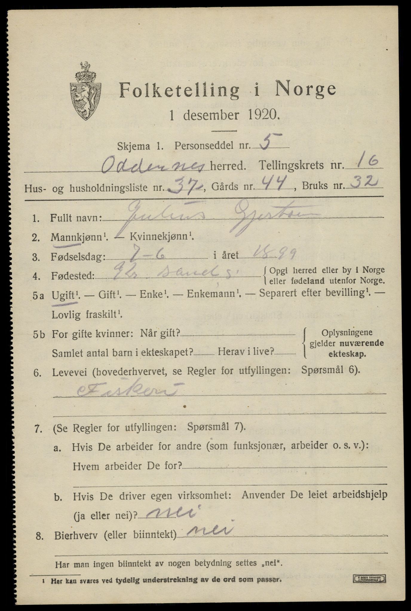 SAK, 1920 census for Oddernes, 1920, p. 11687