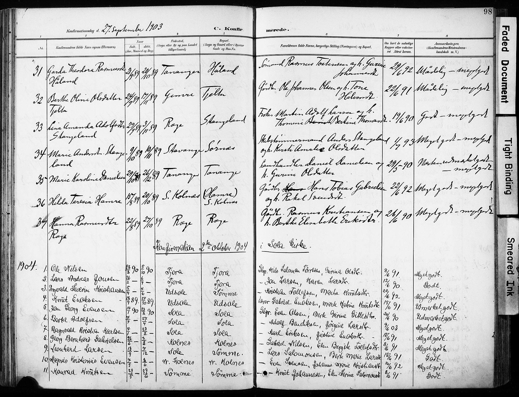 Håland sokneprestkontor, SAST/A-101802/001/30BA/L0013: Parish register (official) no. A 12, 1901-1913, p. 98