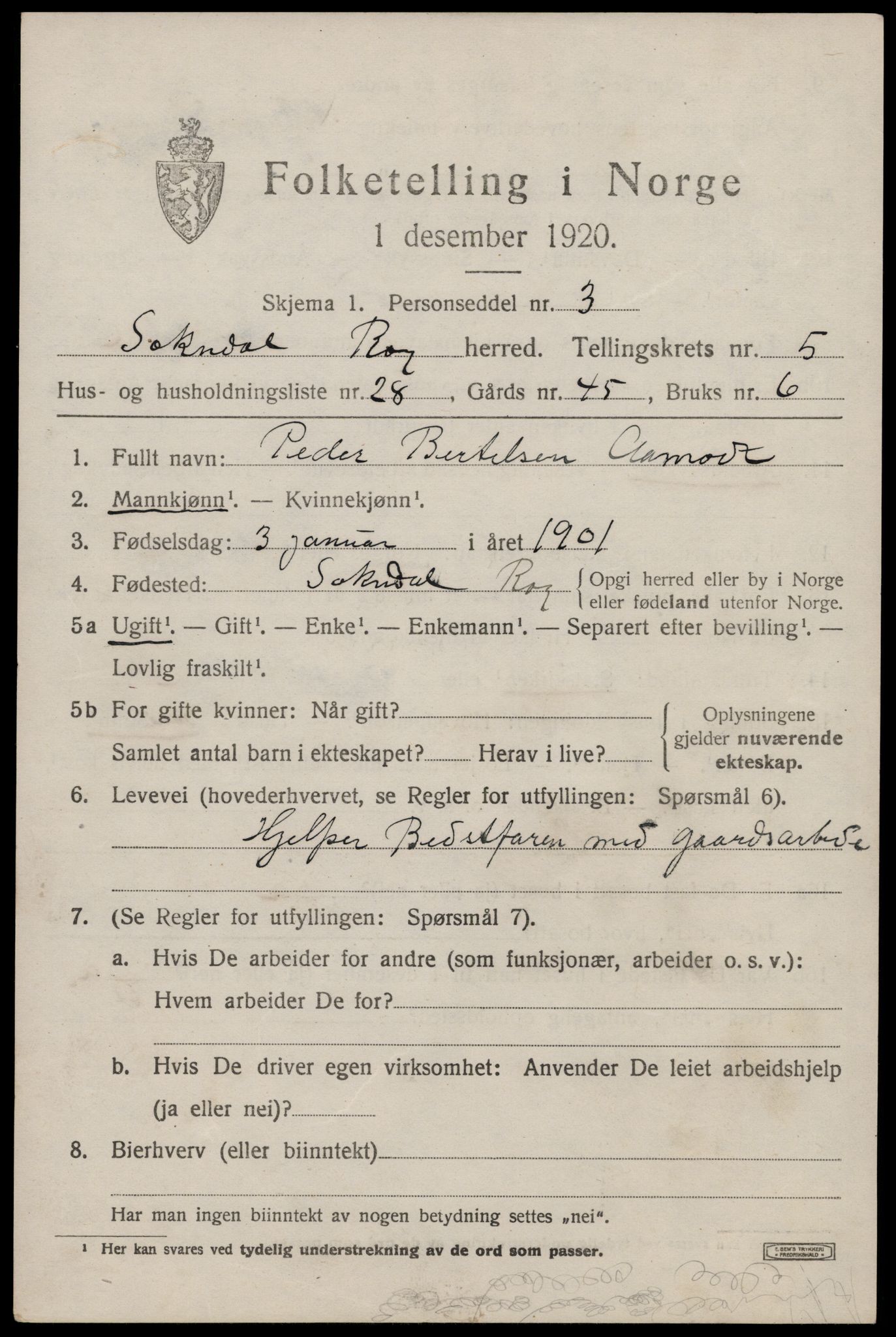 SAST, 1920 census for Sokndal, 1920, p. 3521