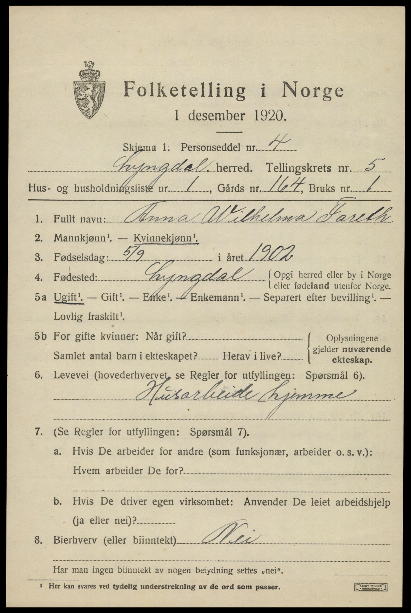 SAK, 1920 census for Lyngdal, 1920, p. 3011