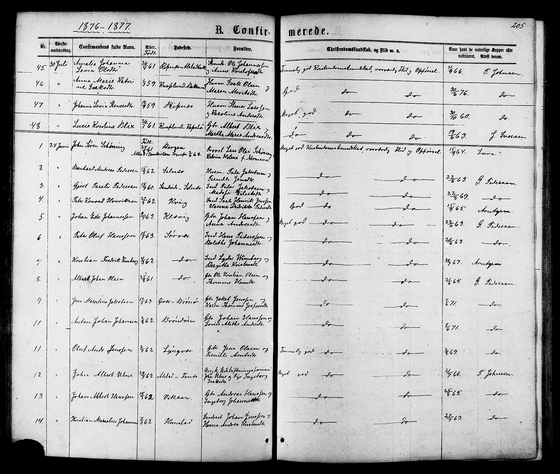 Ministerialprotokoller, klokkerbøker og fødselsregistre - Nordland, SAT/A-1459/801/L0029: Parish register (copy) no. 801C04, 1868-1878, p. 205