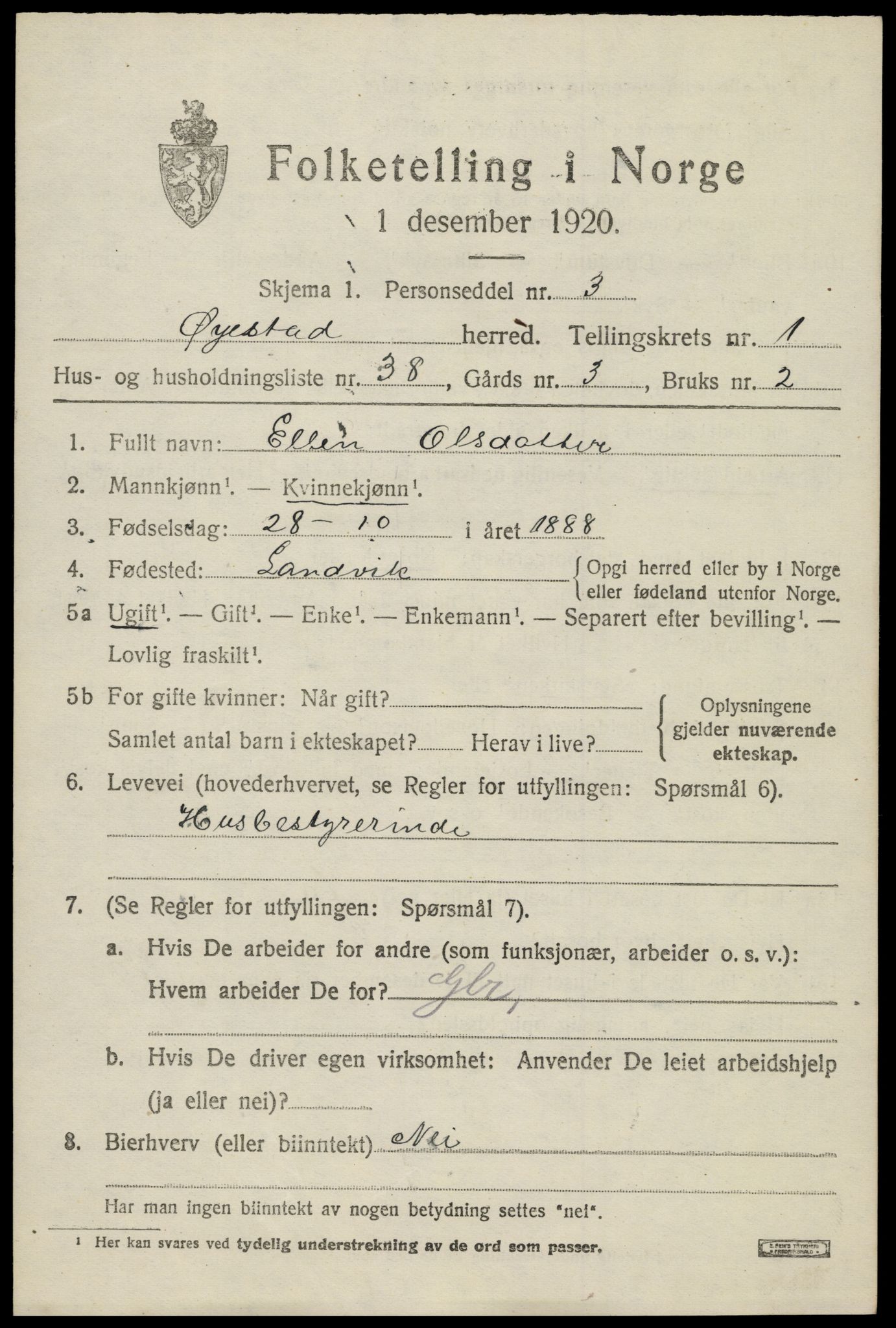 SAK, 1920 census for Øyestad, 1920, p. 2236