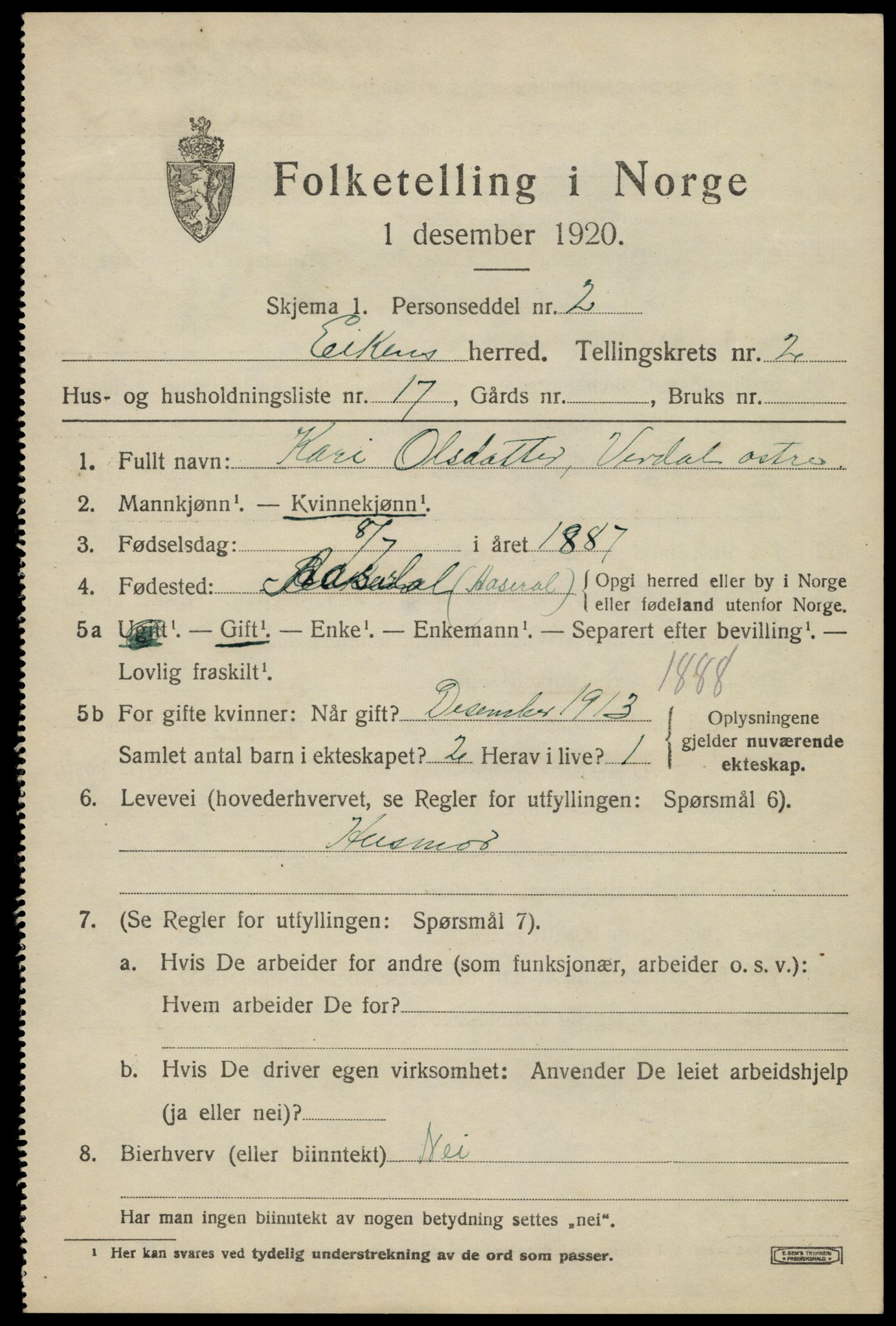 SAK, 1920 census for Eiken, 1920, p. 931