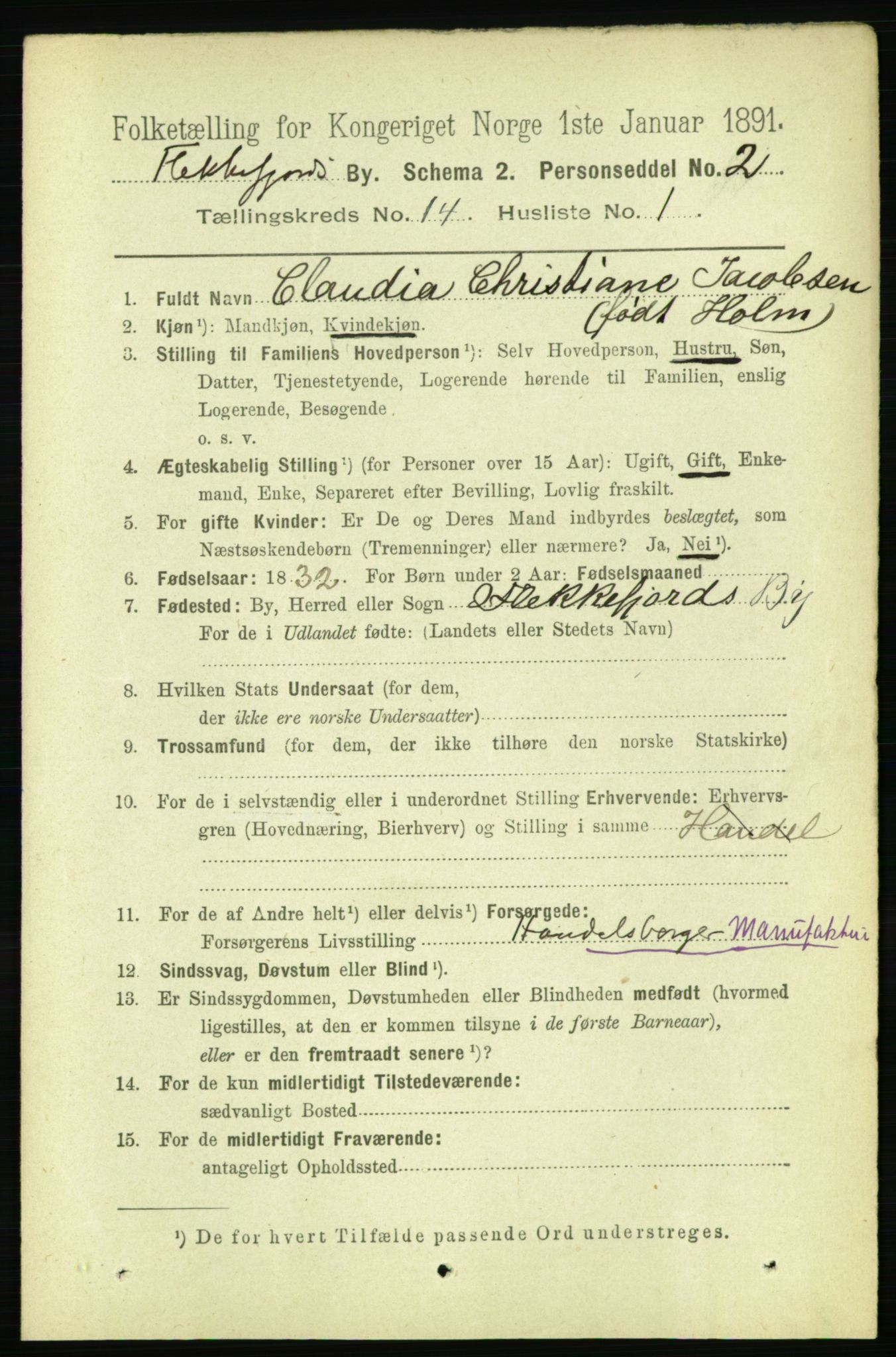 RA, 1891 census for 1004 Flekkefjord, 1891, p. 1868