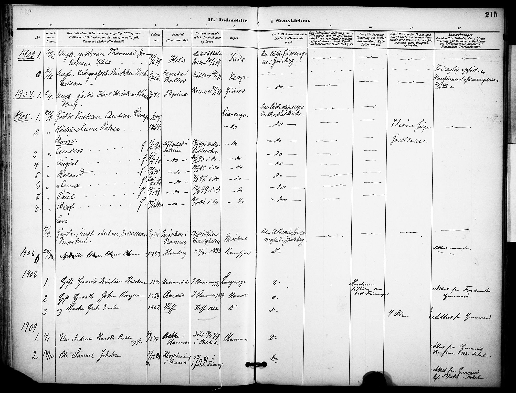 Ramnes kirkebøker, AV/SAKO-A-314/F/Fa/L0008: Parish register (official) no. I 8, 1896-1913, p. 215