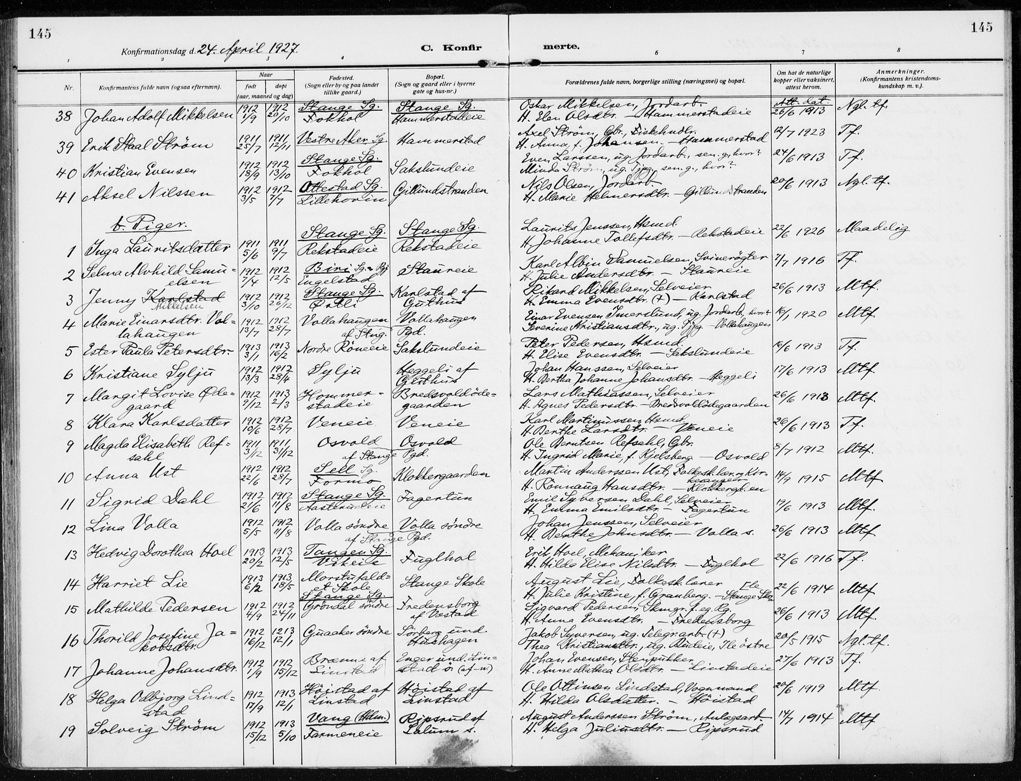 Stange prestekontor, AV/SAH-PREST-002/K/L0026: Parish register (official) no. 26, 1923-1937, p. 145