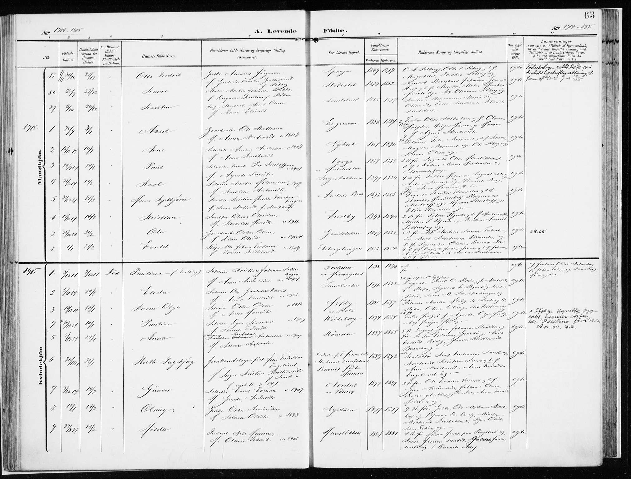 Løten prestekontor, AV/SAH-PREST-022/K/Ka/L0011: Parish register (official) no. 11, 1908-1917, p. 63