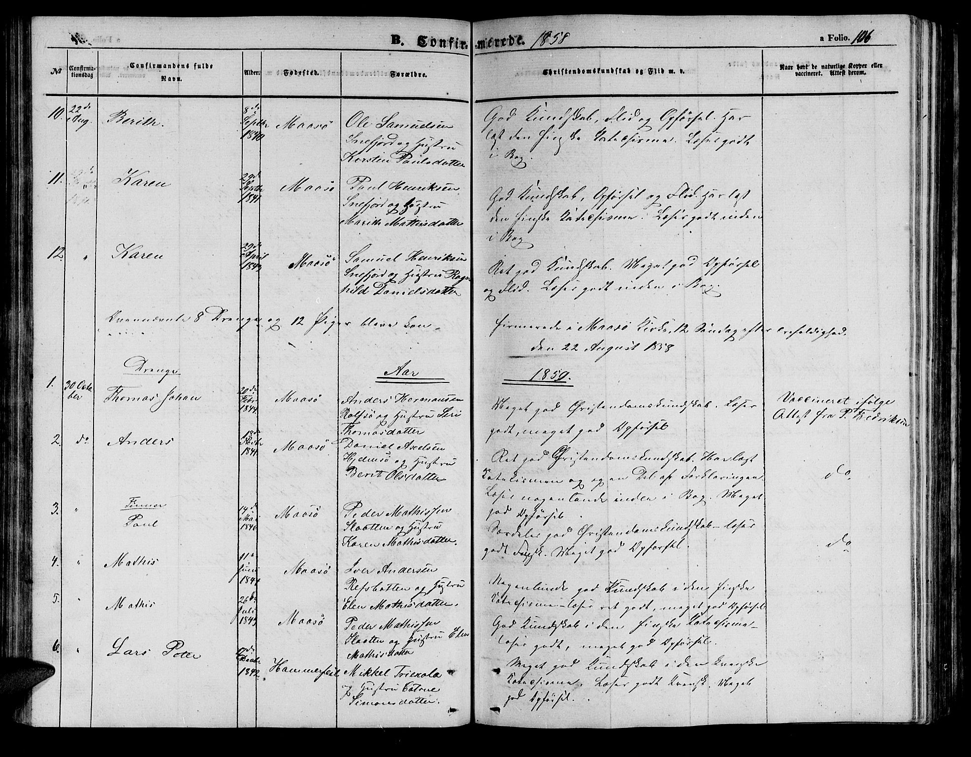 Måsøy sokneprestkontor, SATØ/S-1348/H/Hb/L0001klokker: Parish register (copy) no. 1, 1852-1877, p. 106
