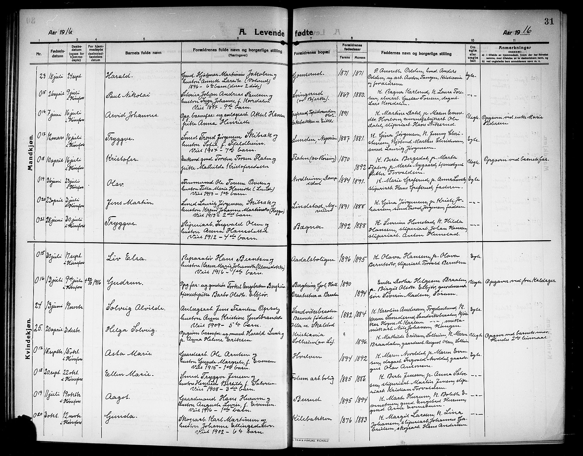 Norderhov kirkebøker, AV/SAKO-A-237/G/Ga/L0009: Parish register (copy) no. I 9, 1913-1920, p. 31