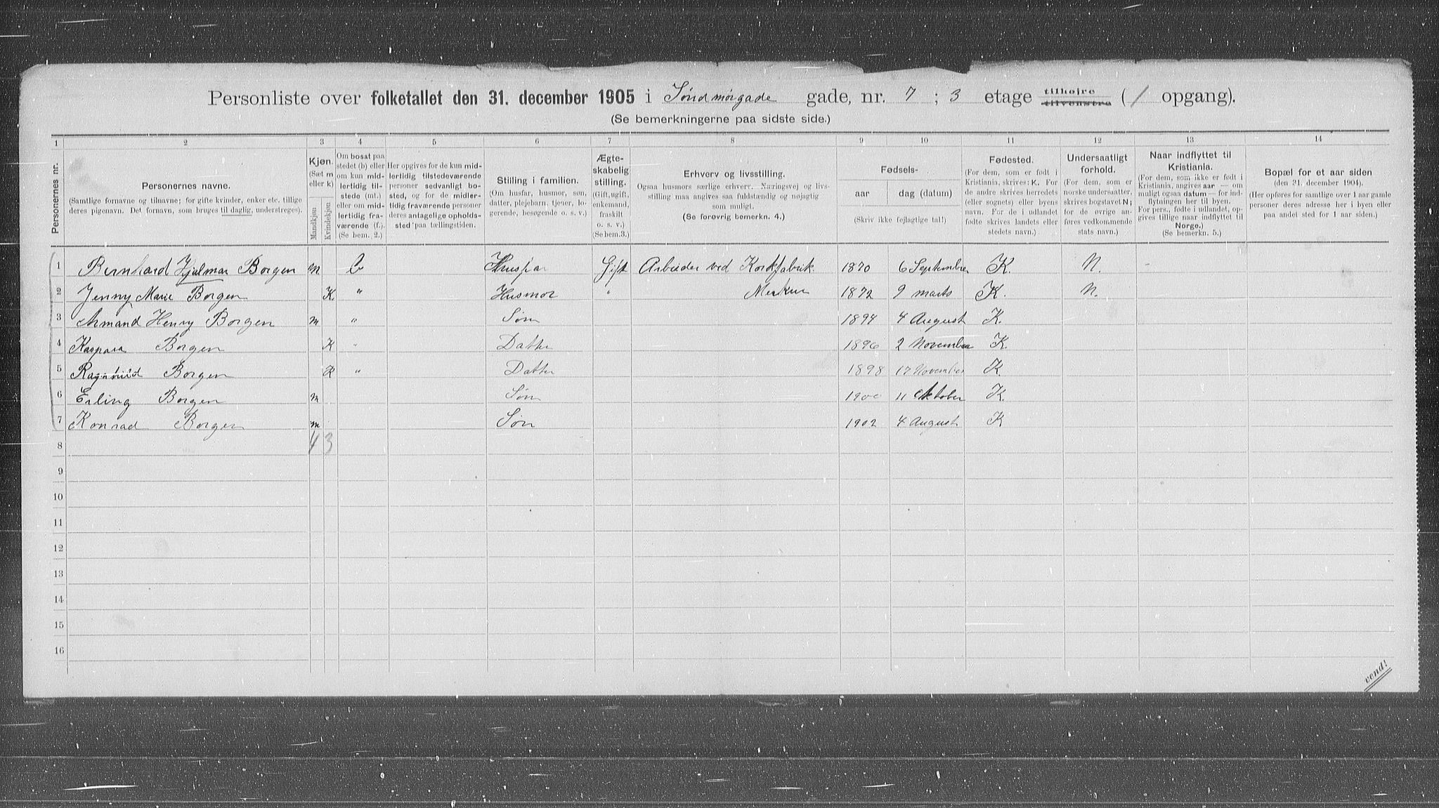 OBA, Municipal Census 1905 for Kristiania, 1905, p. 55648