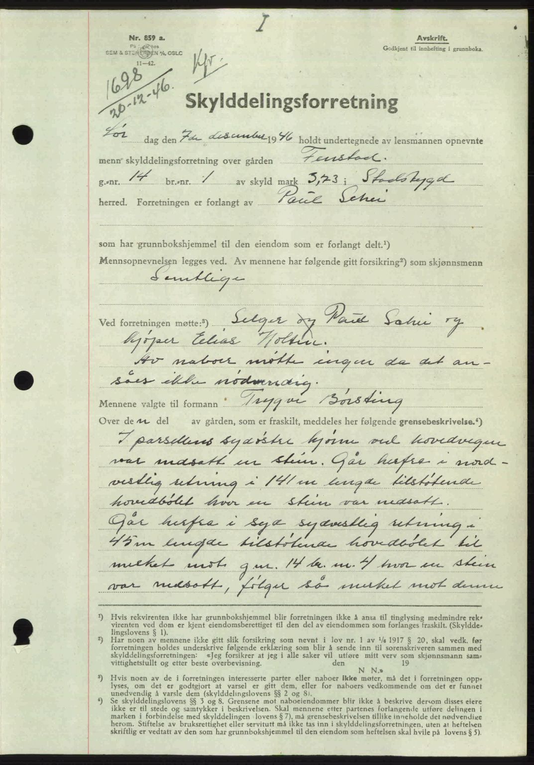 Fosen sorenskriveri, AV/SAT-A-1107/1/2/2C: Mortgage book no. A4-6, 1946-1947, Diary no: : 1698/1946