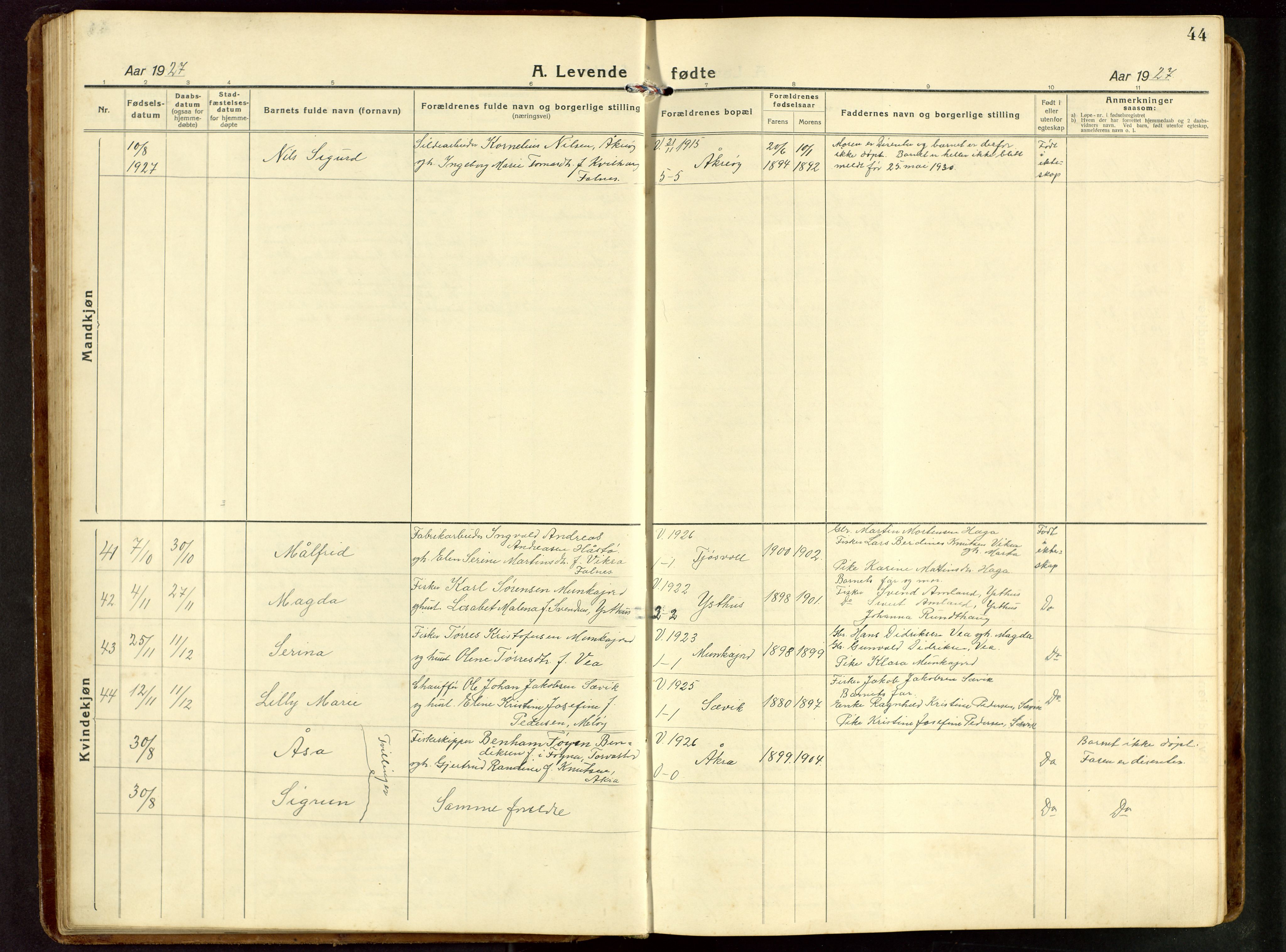 Kopervik sokneprestkontor, AV/SAST-A-101850/H/Ha/Hab/L0014: Parish register (copy) no. B 14, 1922-1947, p. 44