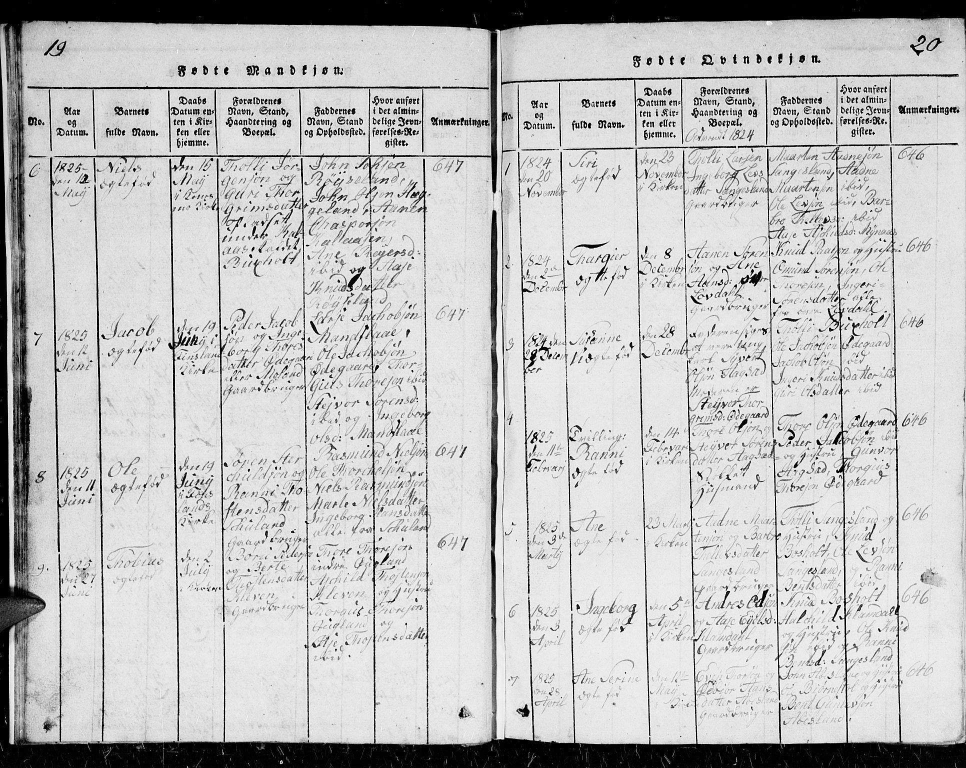 Holum sokneprestkontor, AV/SAK-1111-0022/F/Fb/Fbb/L0001: Parish register (copy) no. B 1, 1820-1847, p. 19-20