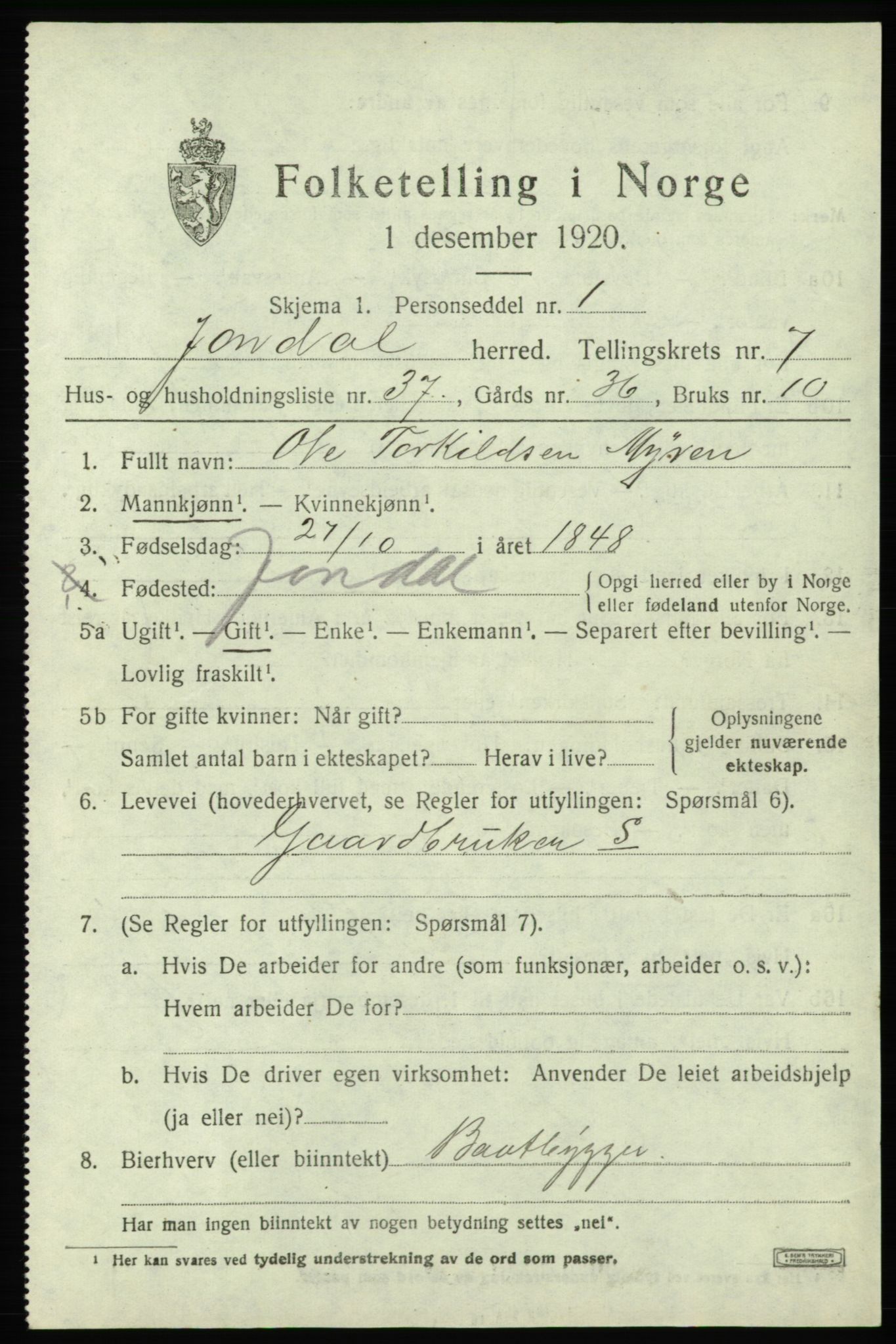 SAB, 1920 census for Jondal, 1920, p. 4230