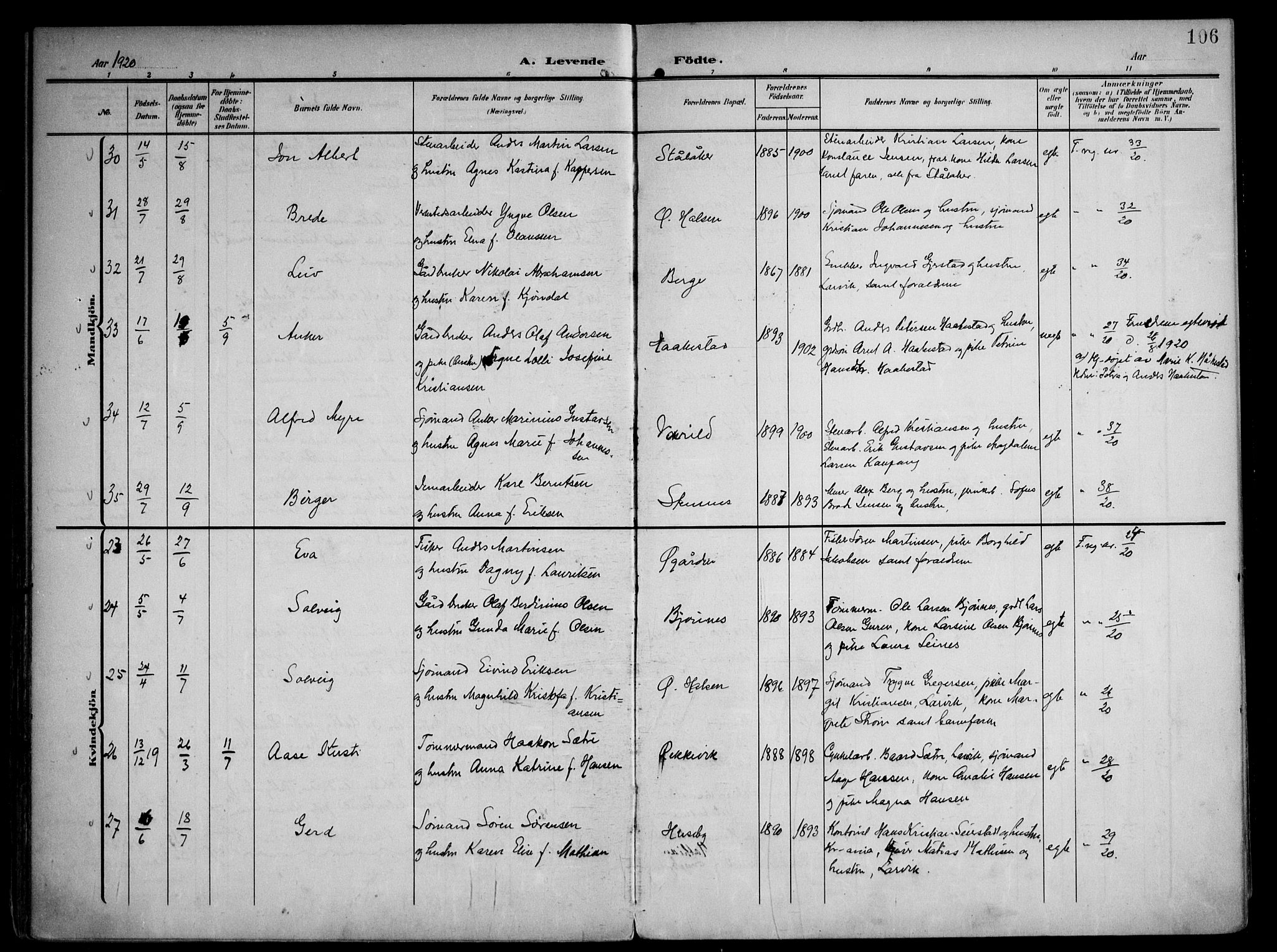 Tjølling kirkebøker, AV/SAKO-A-60/F/Fa/L0010: Parish register (official) no. 10, 1906-1923, p. 106