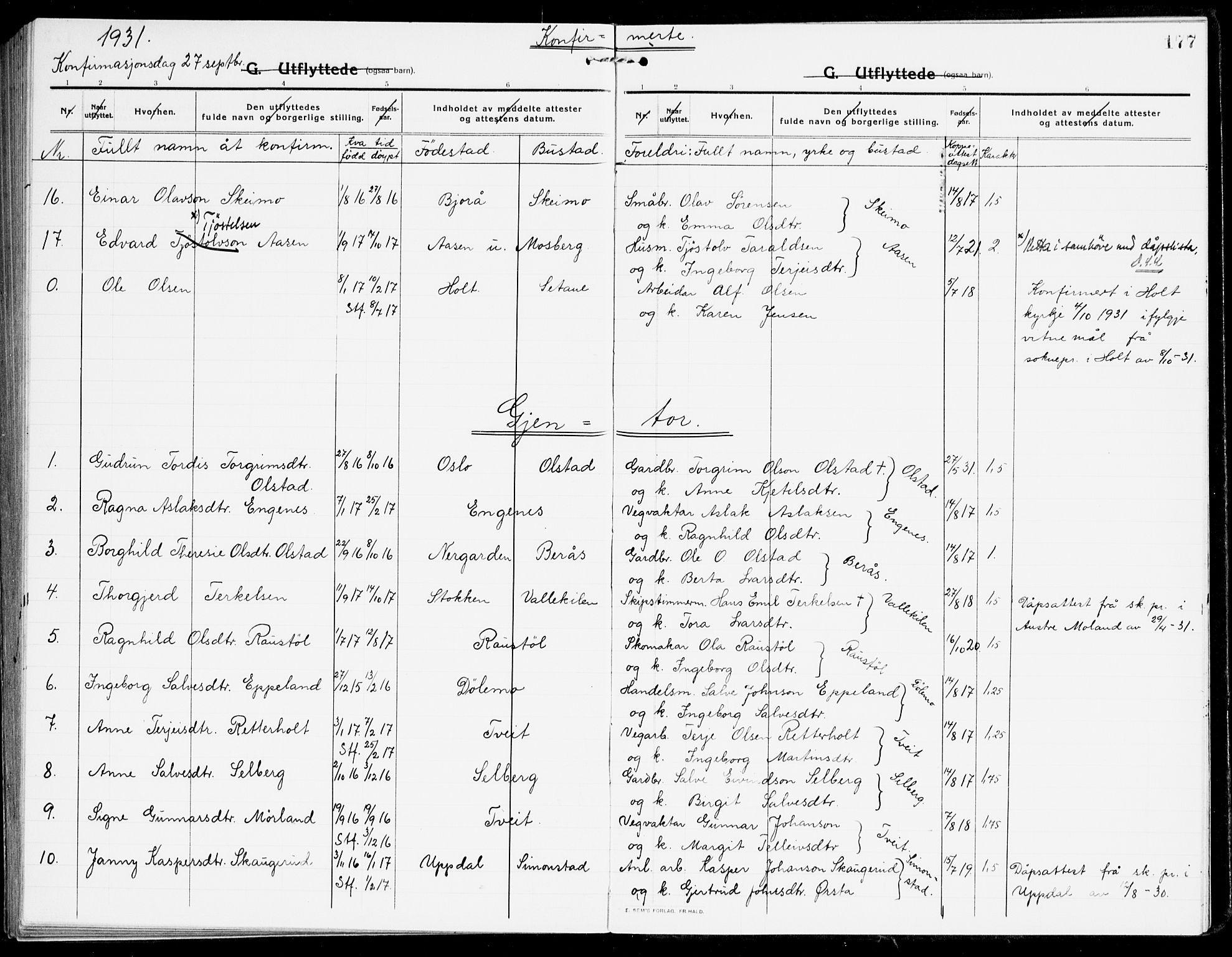 Åmli sokneprestkontor, AV/SAK-1111-0050/F/Fa/Fac/L0013: Parish register (official) no. A 13, 1914-1933, p. 177