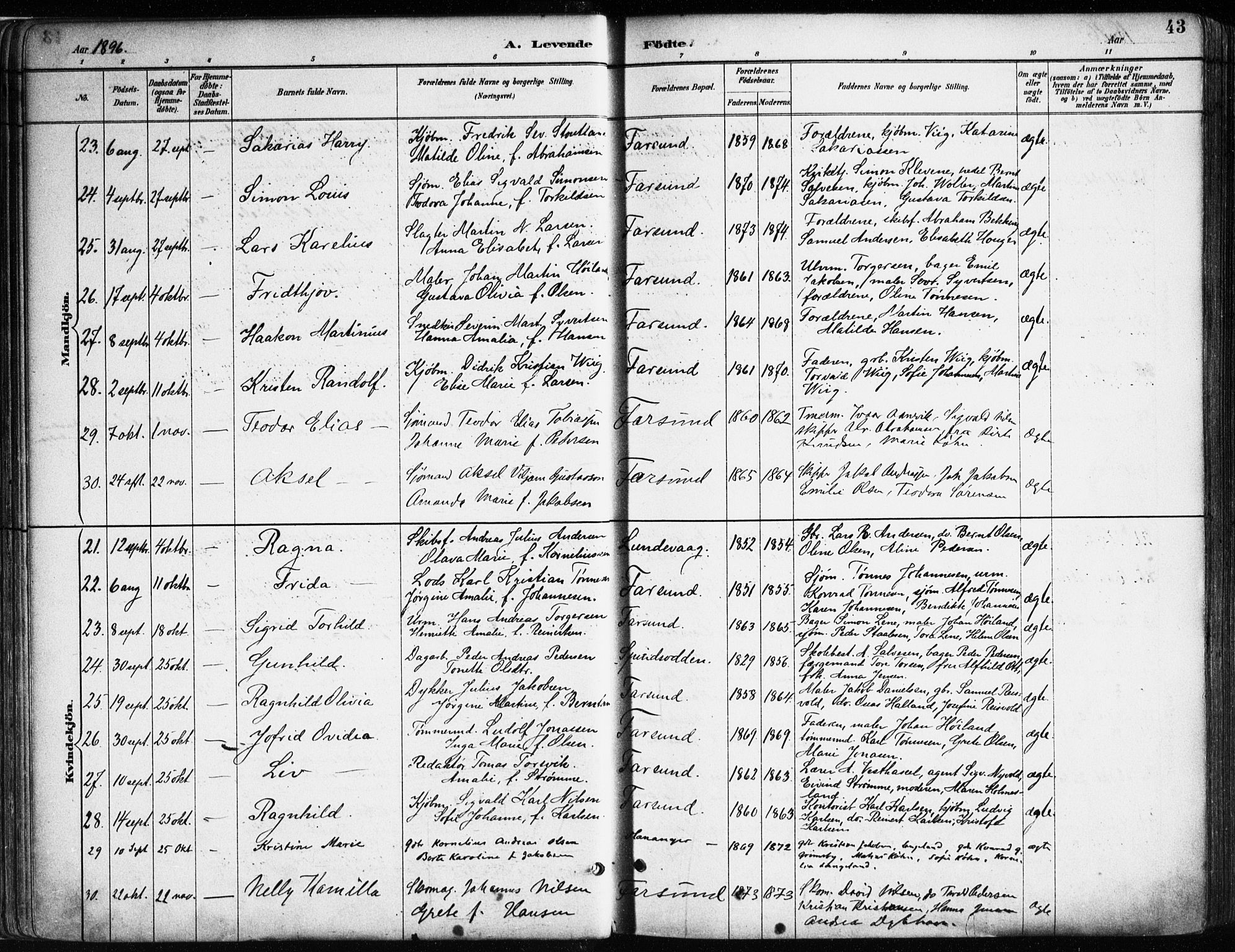 Farsund sokneprestkontor, SAK/1111-0009/F/Fa/L0006: Parish register (official) no. A 6, 1887-1920, p. 43