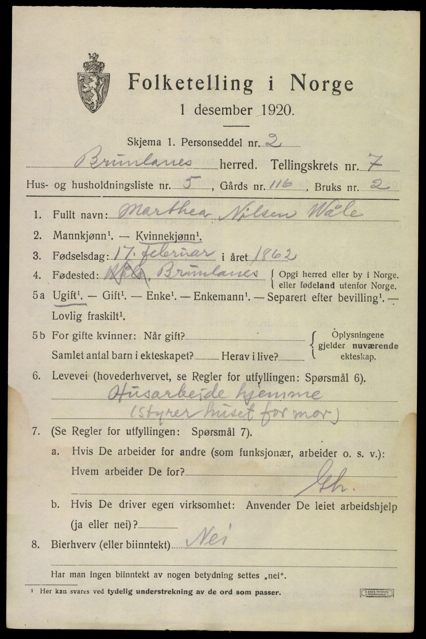 SAKO, 1920 census for Brunlanes, 1920, p. 7129