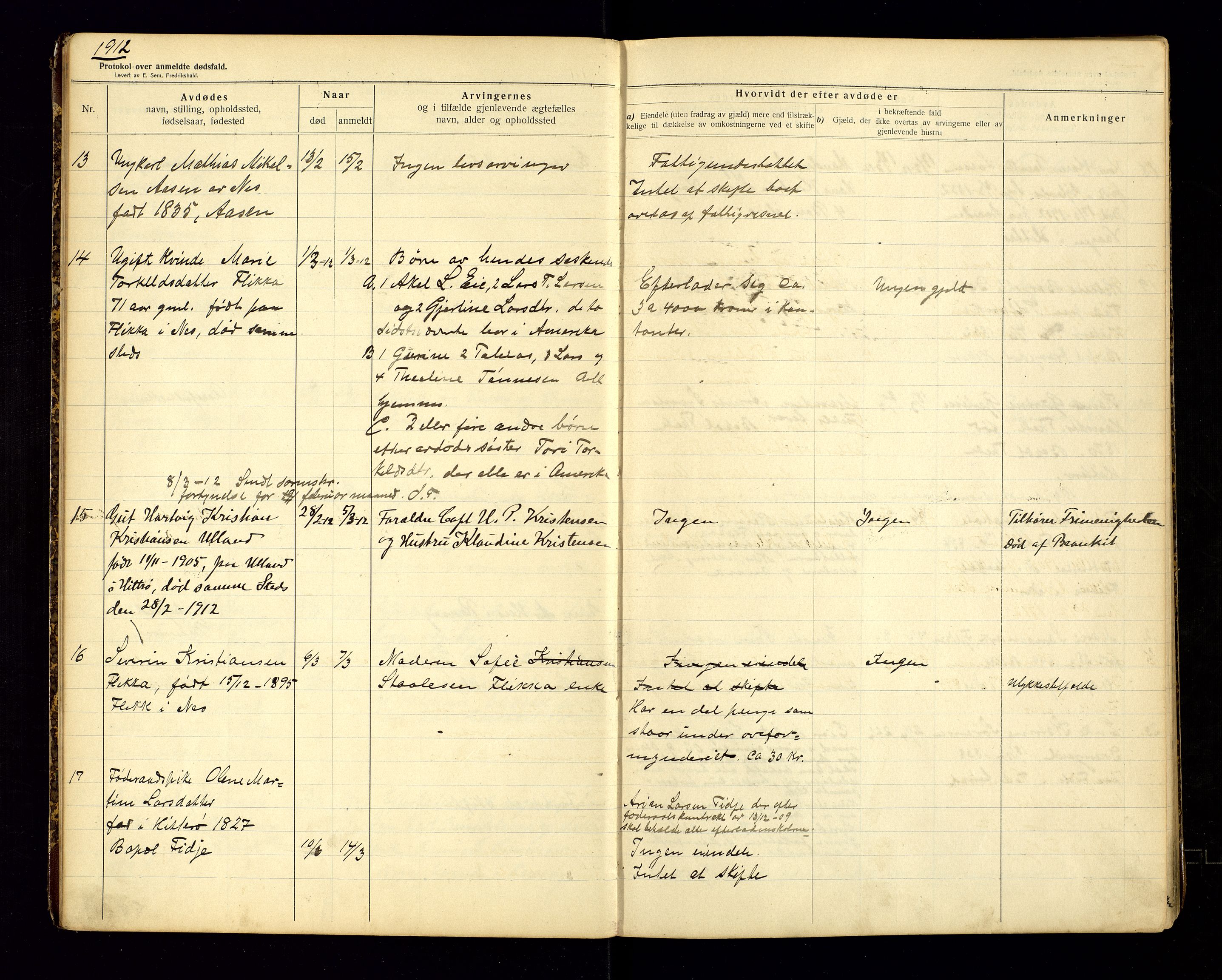 Nes og Hidra lensmannskontor, SAK/1241-0035/F/Fe/L0001: Anmeldte dødsfall nr 51, 1911-1923