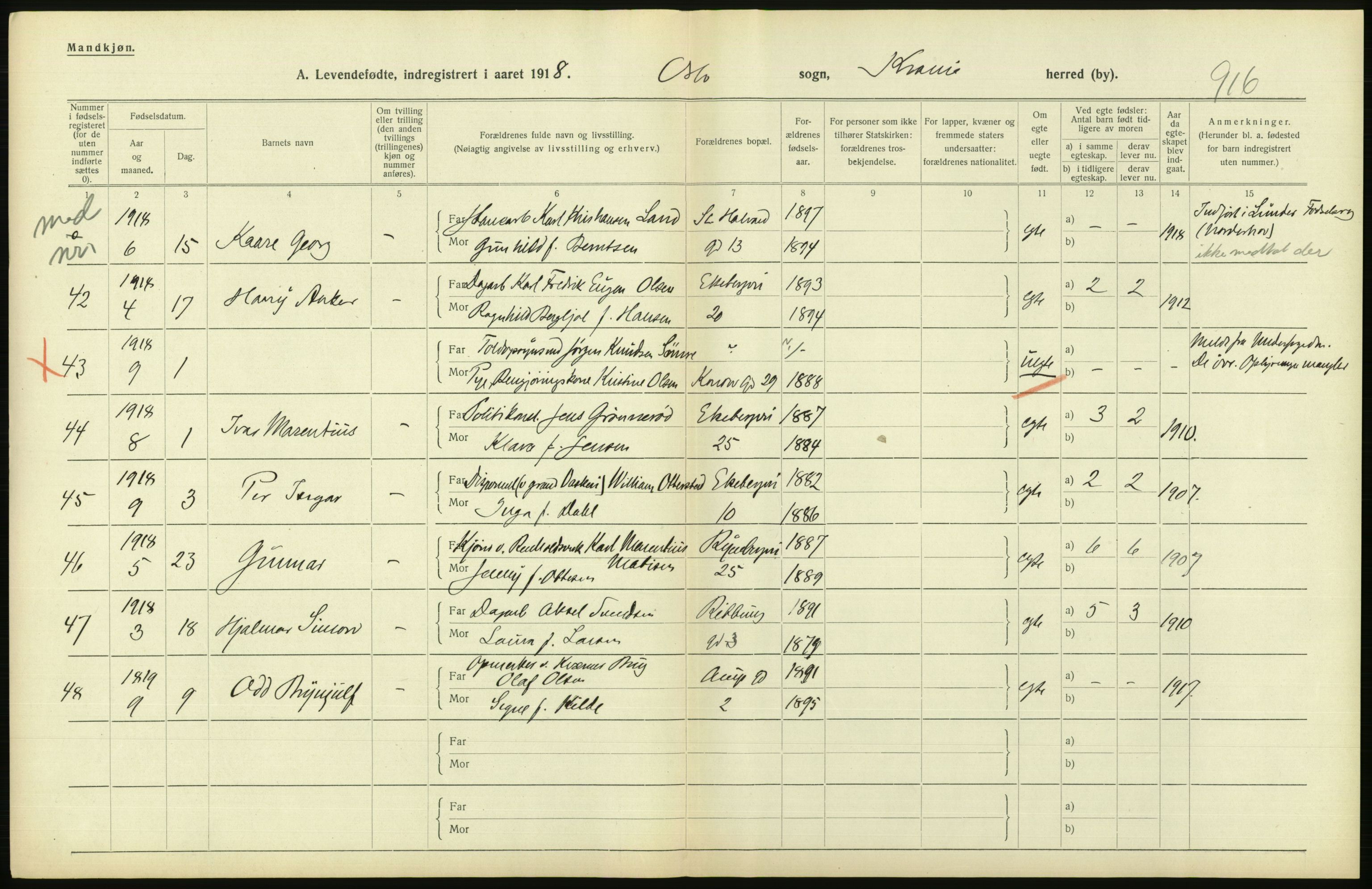 Statistisk sentralbyrå, Sosiodemografiske emner, Befolkning, AV/RA-S-2228/D/Df/Dfb/Dfbh/L0008: Kristiania: Levendefødte menn og kvinner., 1918, p. 732