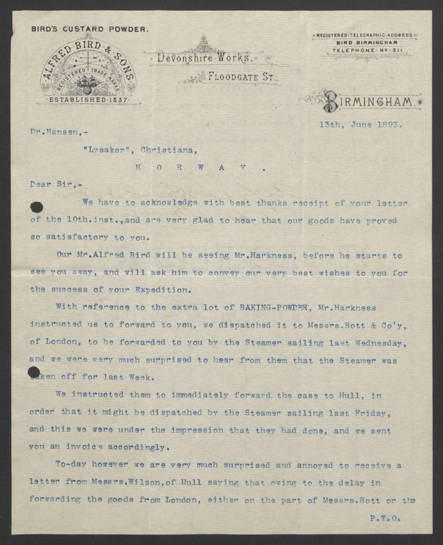 Arbeidskomitéen for Fridtjof Nansens polarekspedisjon, AV/RA-PA-0061/D/L0004: Innk. brev og telegrammer vedr. proviant og utrustning, 1892-1893, p. 625