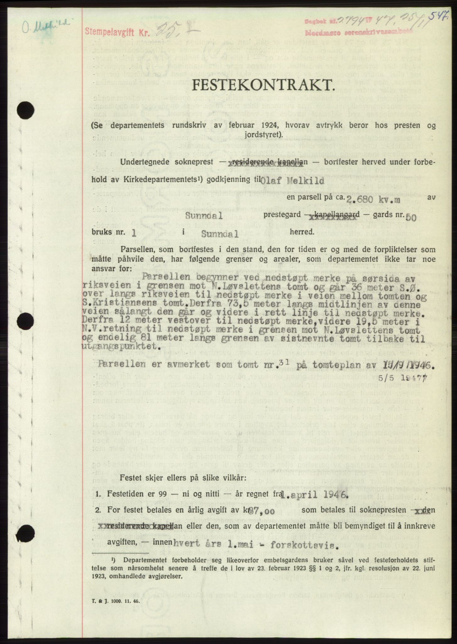 Nordmøre sorenskriveri, AV/SAT-A-4132/1/2/2Ca: Mortgage book no. B97, 1947-1948, Diary no: : 2794/1947