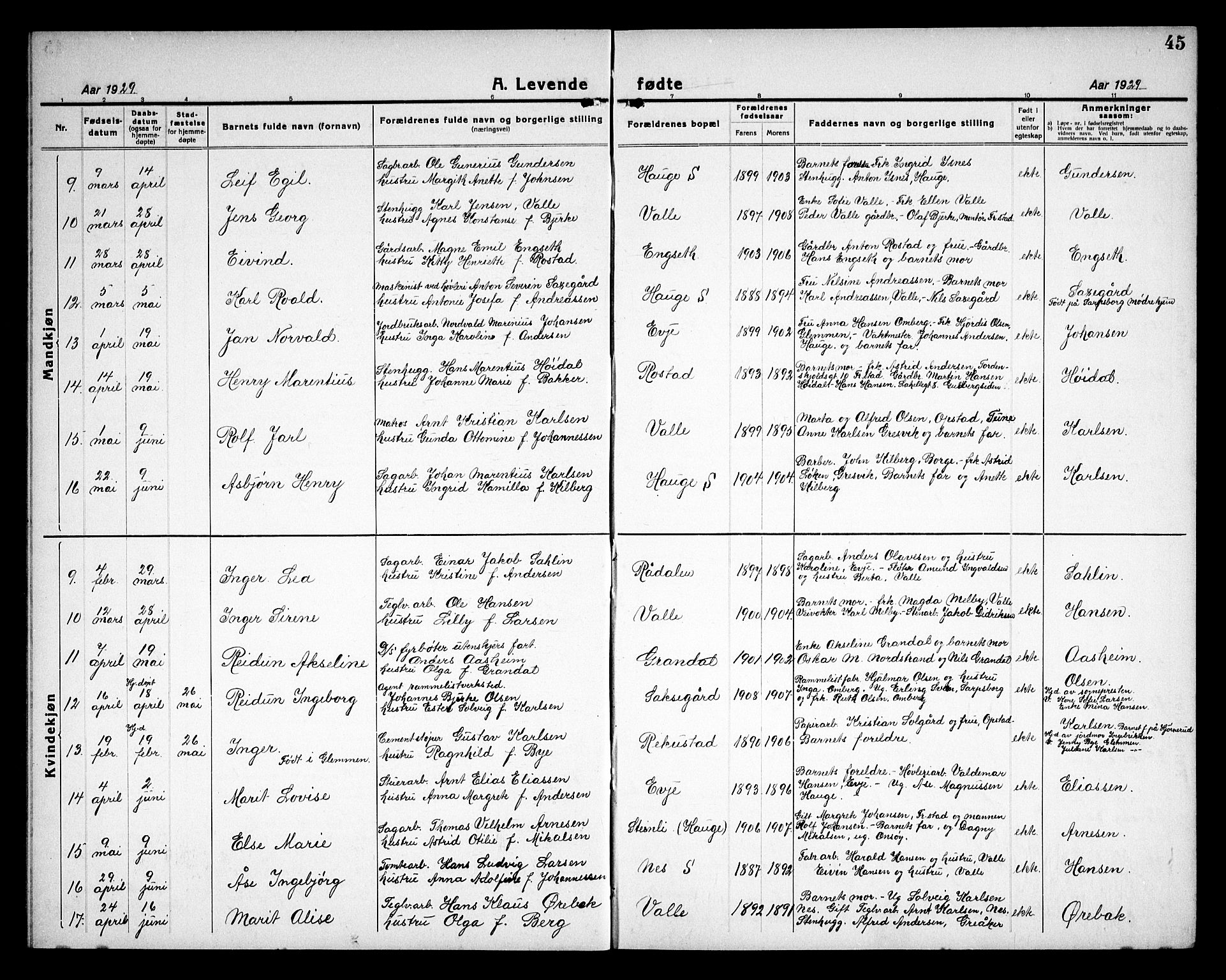 Rolvsøy prestekontor Kirkebøker, AV/SAO-A-2004/G/Ga/L0002: Parish register (copy) no. 2, 1920-1935, p. 45