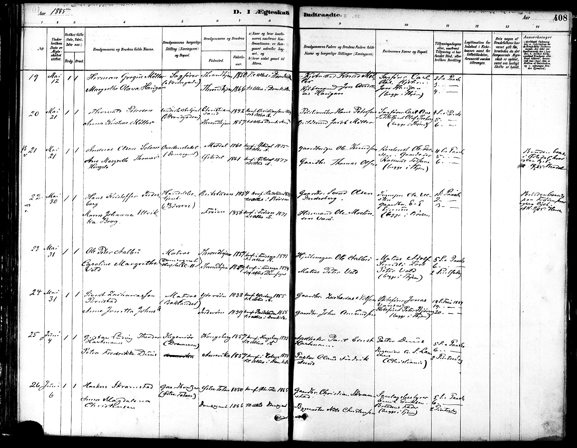 Ministerialprotokoller, klokkerbøker og fødselsregistre - Sør-Trøndelag, AV/SAT-A-1456/601/L0058: Parish register (official) no. 601A26, 1877-1891, p. 408