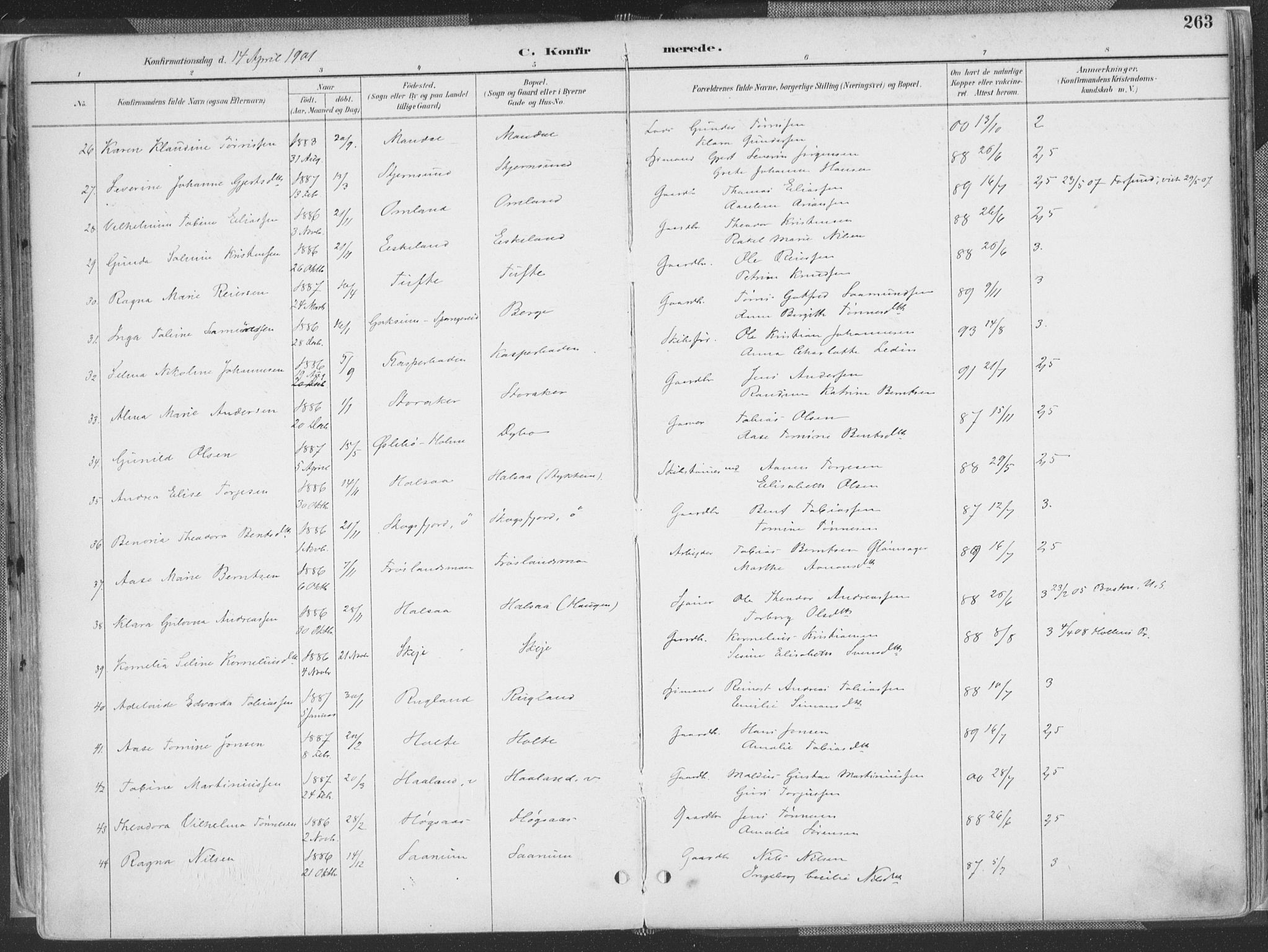 Mandal sokneprestkontor, AV/SAK-1111-0030/F/Fa/Faa/L0018: Parish register (official) no. A 18, 1890-1905, p. 263