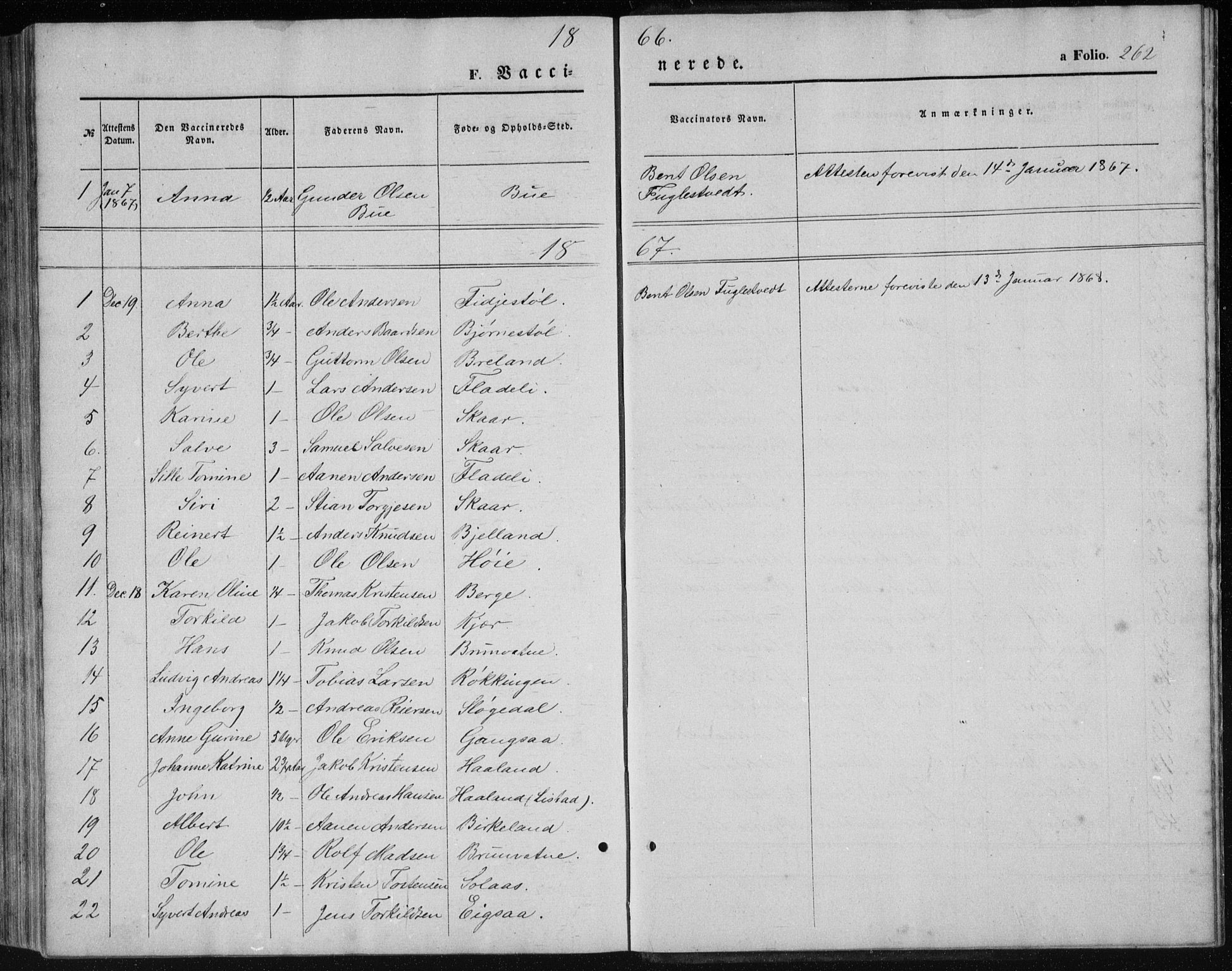 Holum sokneprestkontor, SAK/1111-0022/F/Fb/Fbc/L0002: Parish register (copy) no. B 2, 1860-1882, p. 262