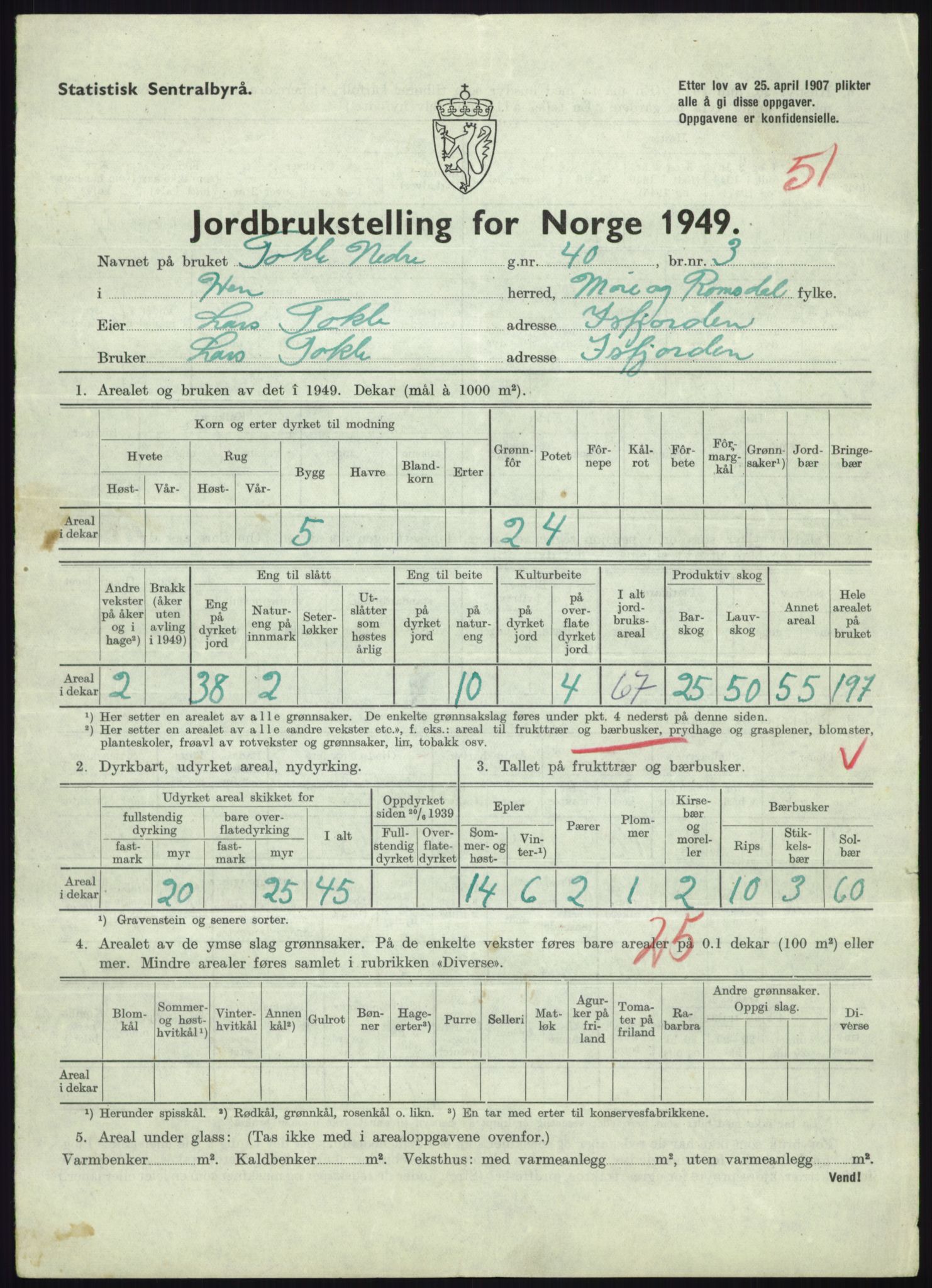 Statistisk sentralbyrå, Næringsøkonomiske emner, Jordbruk, skogbruk, jakt, fiske og fangst, AV/RA-S-2234/G/Gc/L0323: Møre og Romsdal: Grytten og Hen, 1949, p. 813