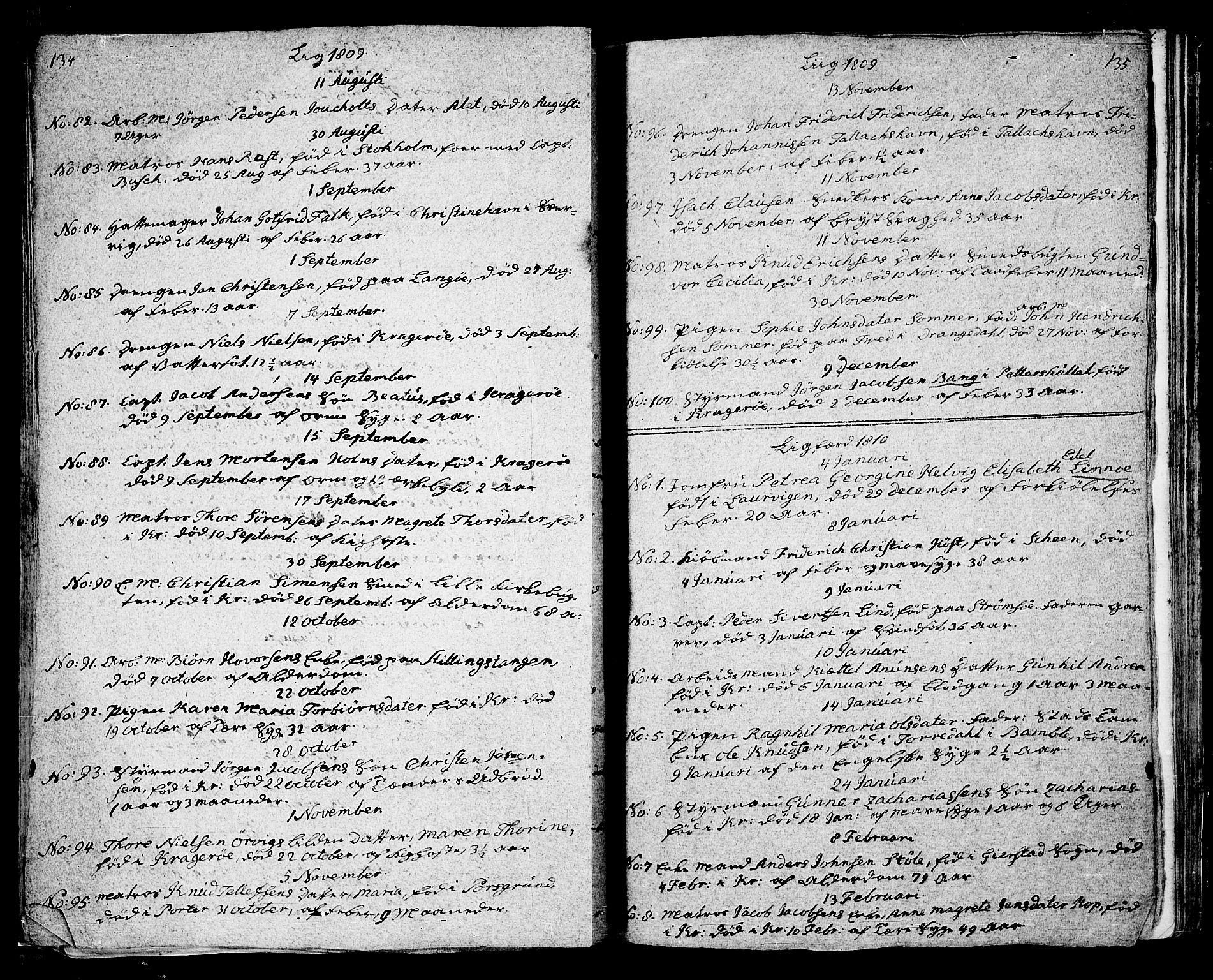 Kragerø kirkebøker, SAKO/A-278/G/Ga/L0001: Parish register (copy) no. 1 /1, 1806-1811, p. 134-135