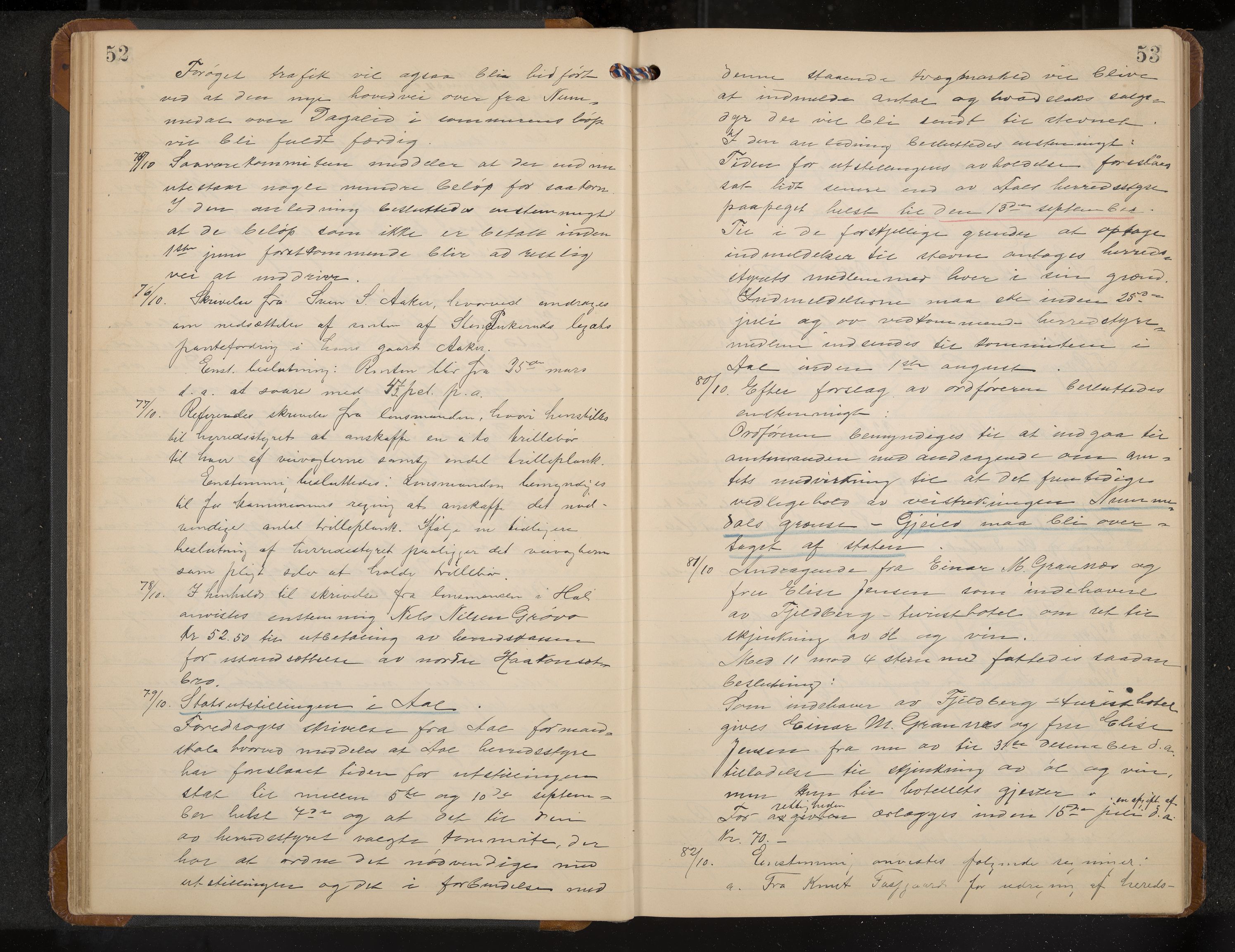 Hol formannskap og sentraladministrasjon, IKAK/0620021-1/A/L0005: Møtebok, 1909-1915, p. 52-53