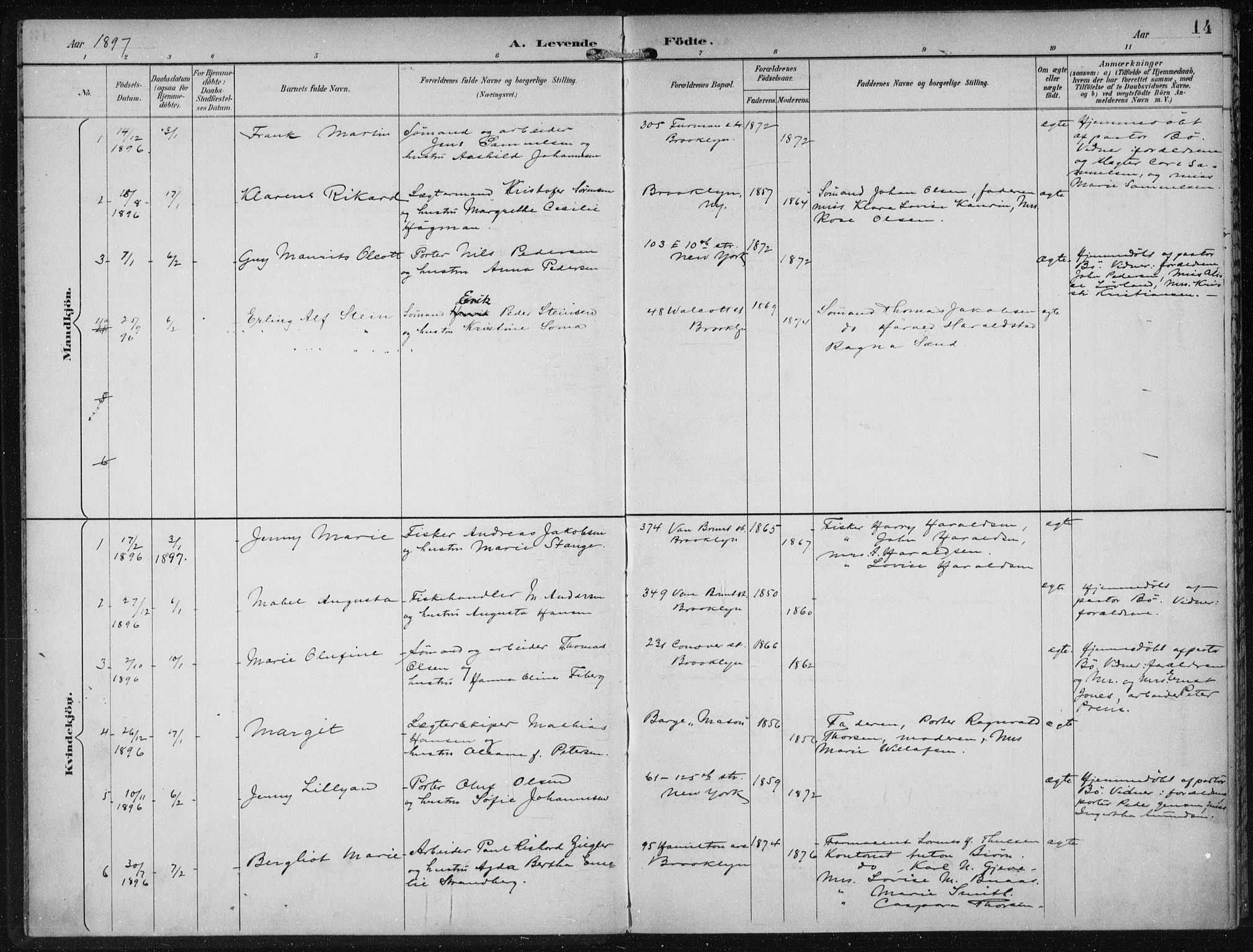 Den norske sjømannsmisjon i utlandet/New York, SAB/SAB/PA-0110/H/Ha/L0004: Parish register (official) no. A 4, 1893-1901, p. 14